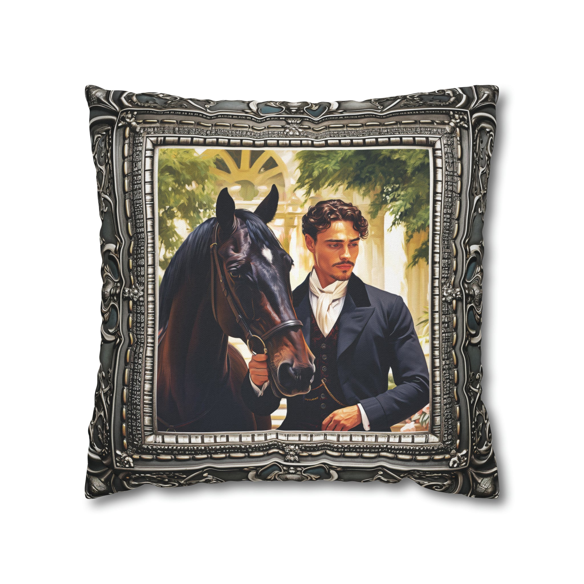 Square Pillow Case 18" x 18", CASE ONLY, no pillow form, original Art, a Painting of a young Nobleman and his Horse in an Antique Frame