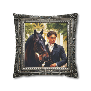 Square Pillow Case 18" x 18", CASE ONLY, no pillow form, original Art, a Painting of a young Nobleman and his Horse in an Antique Frame