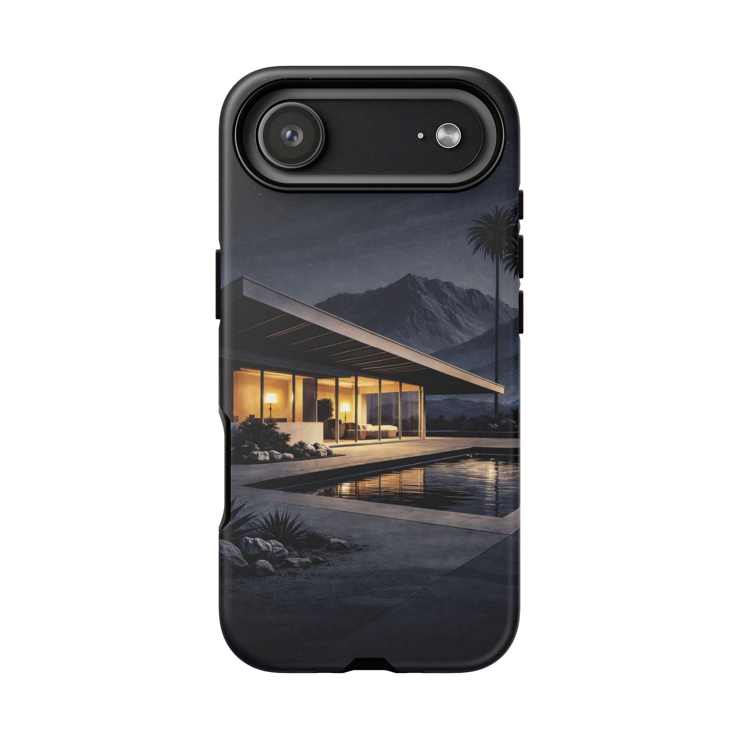 Modern Palm Springs House Phone Case — Mid-Century Poolside Evening Scene