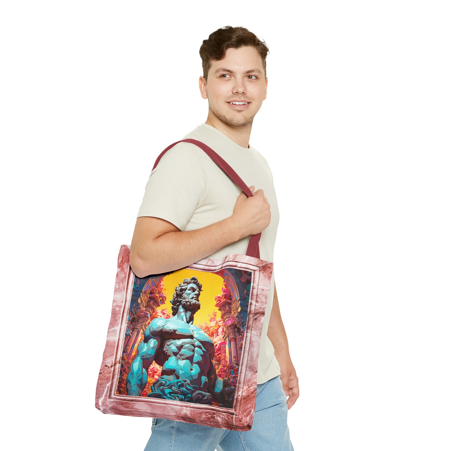 Hercules Illustration in a pink faux marble frame with red strap Tote Bag