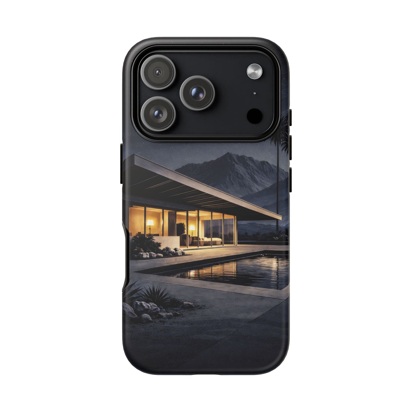 Modern Palm Springs House Phone Case — Mid-Century Poolside Evening Scene