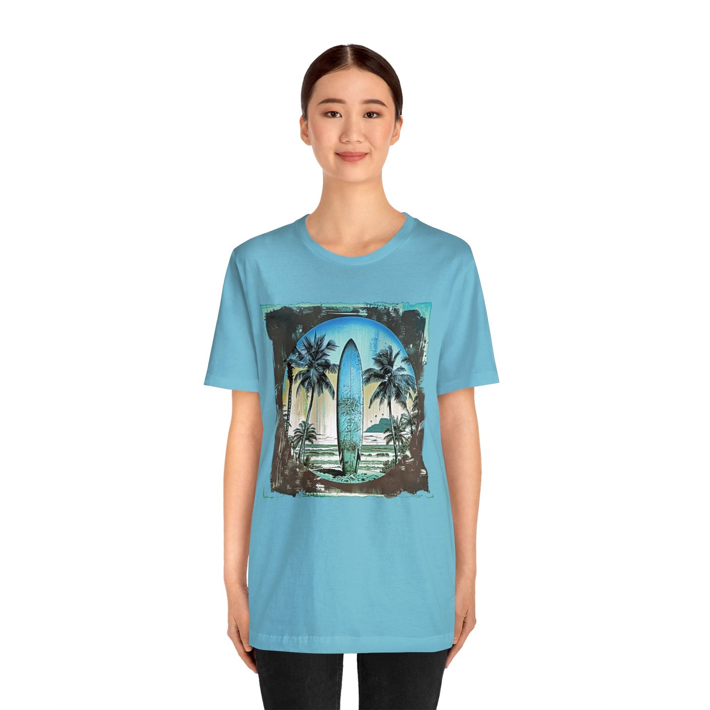Blue board on the beach Unisex Jersey Short Sleeve Tee