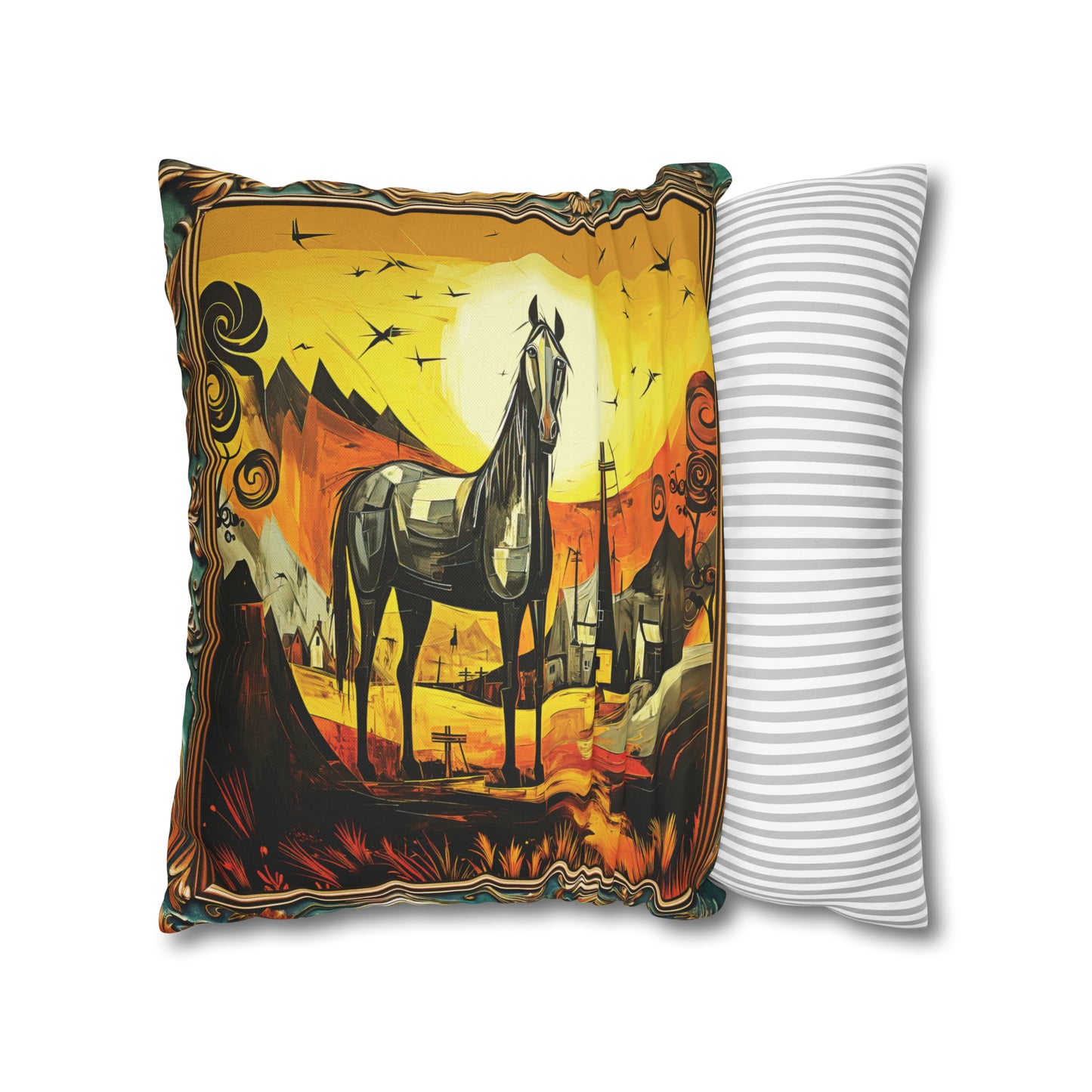 Square Pillow Case 18" x 18", CASE ONLY, no pillow form, original Art ,Colorful, Beautiful Abstract Black Horse at Sunset in a Western Village