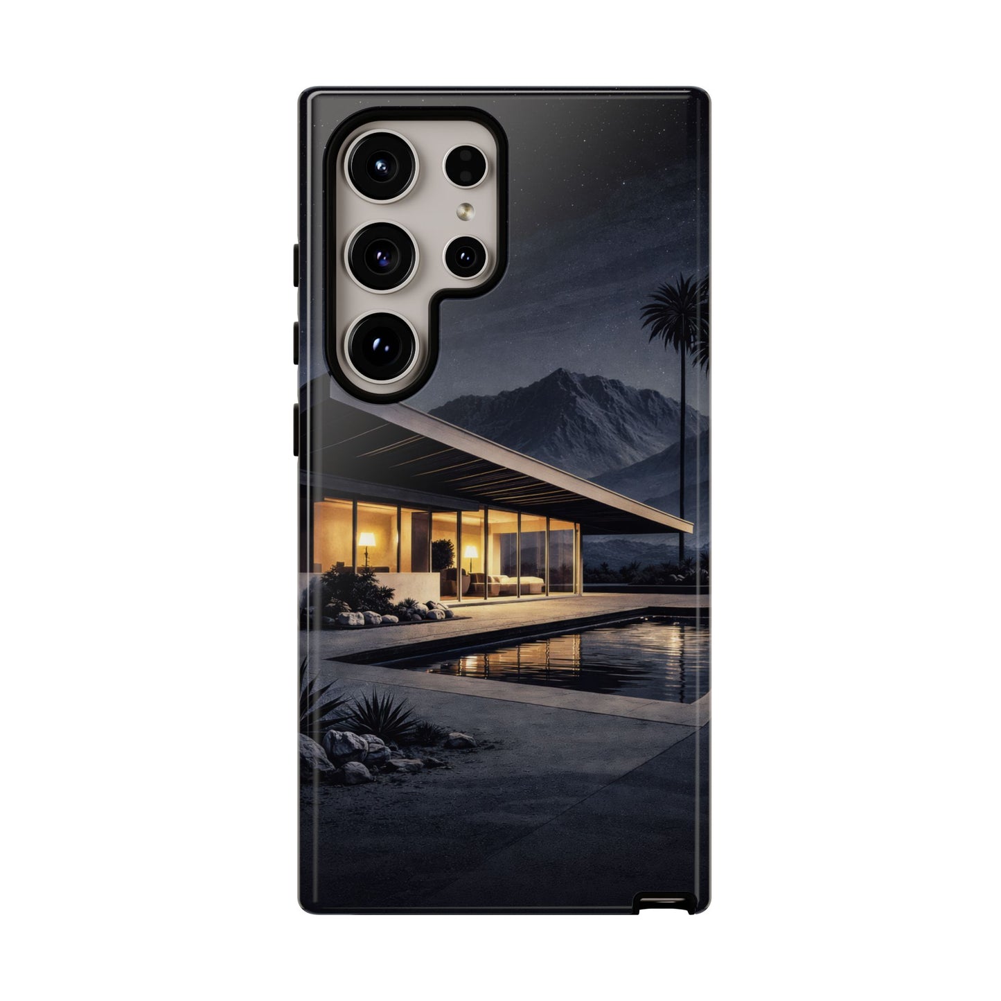 Modern Palm Springs House Phone Case — Mid-Century Poolside Evening Scene