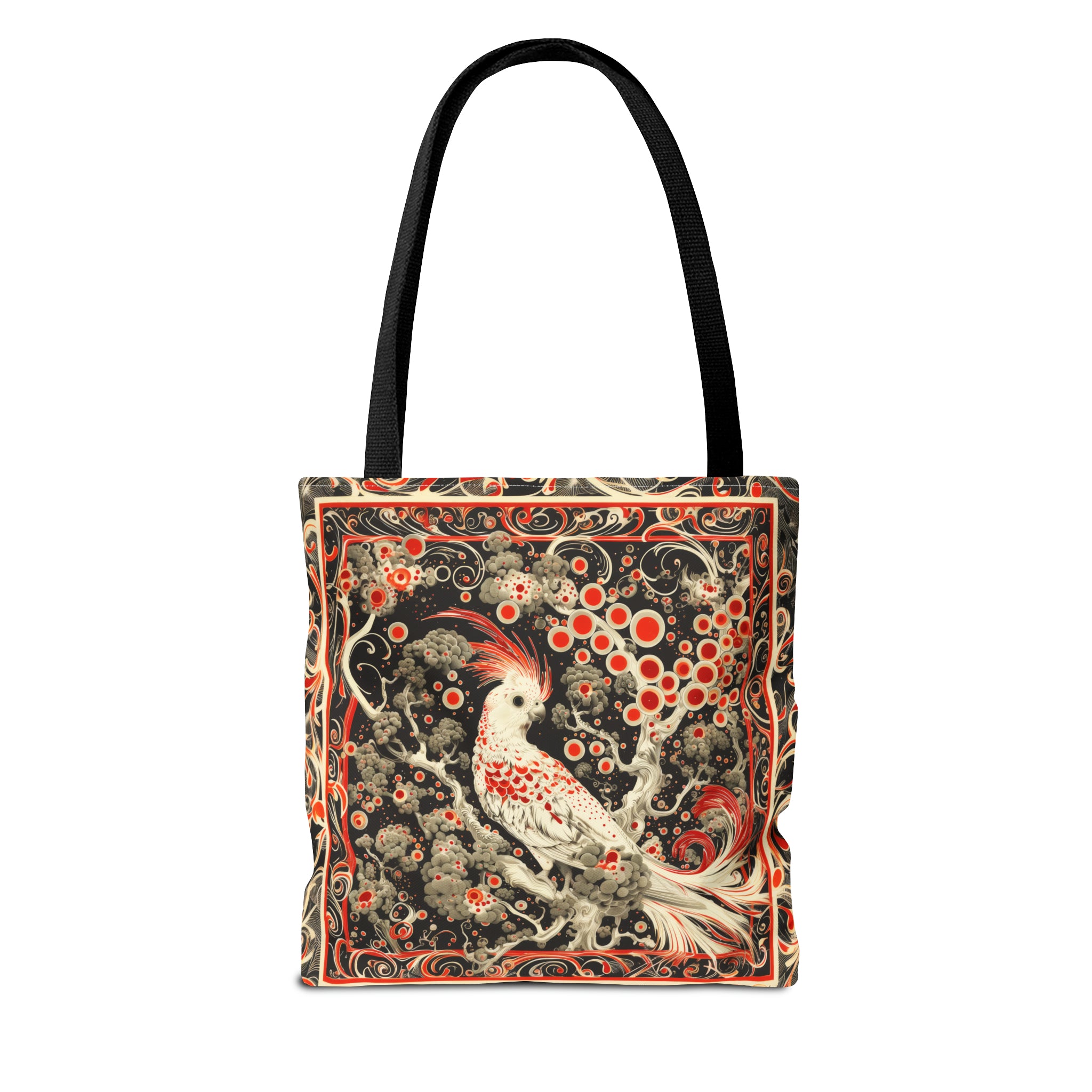 Canvas Tote Bag, vintage inspired bird design, vibrant artistic accessory, whimsical all over print bag in three sizes, cockatiel design