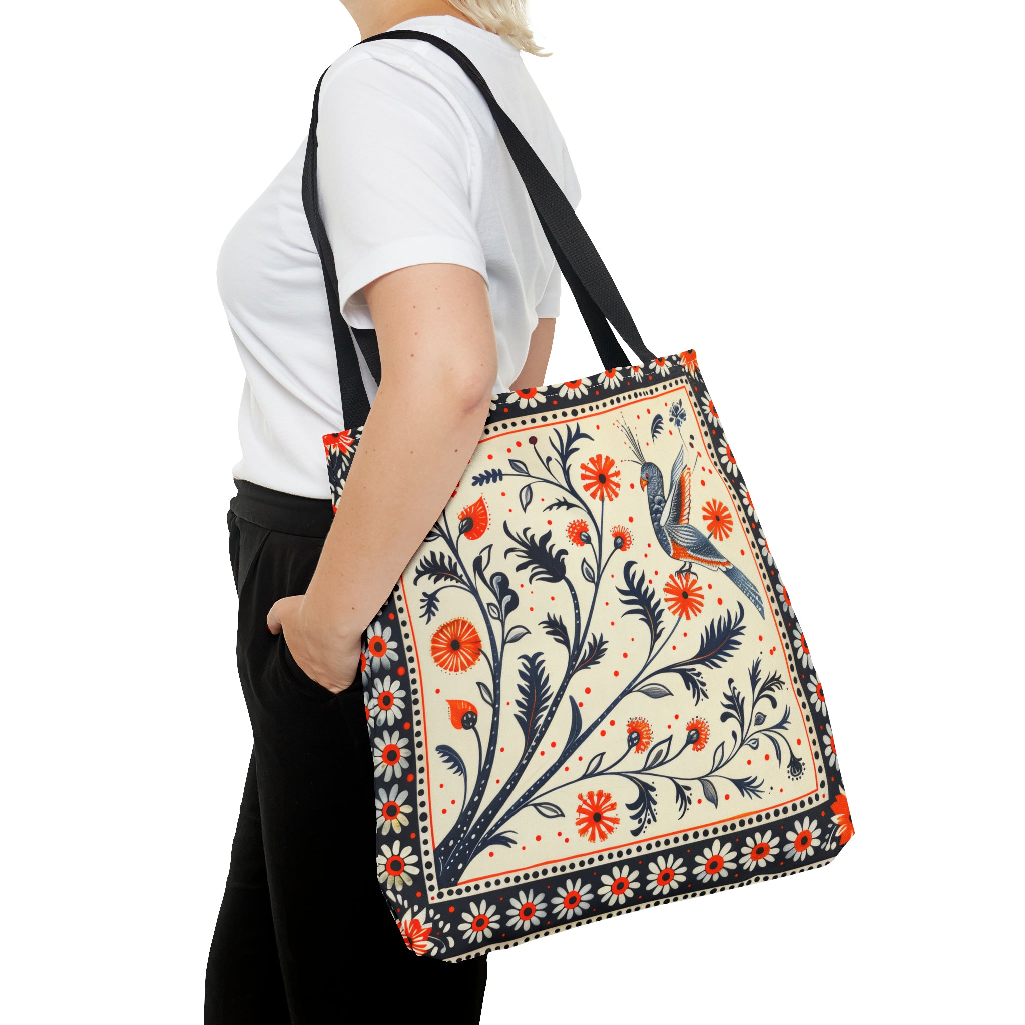 Canvas Tote Bag, red & black vintage inspired bird on a branch design, vibrant artistic accessory, whimsical all over print bag in three sizes