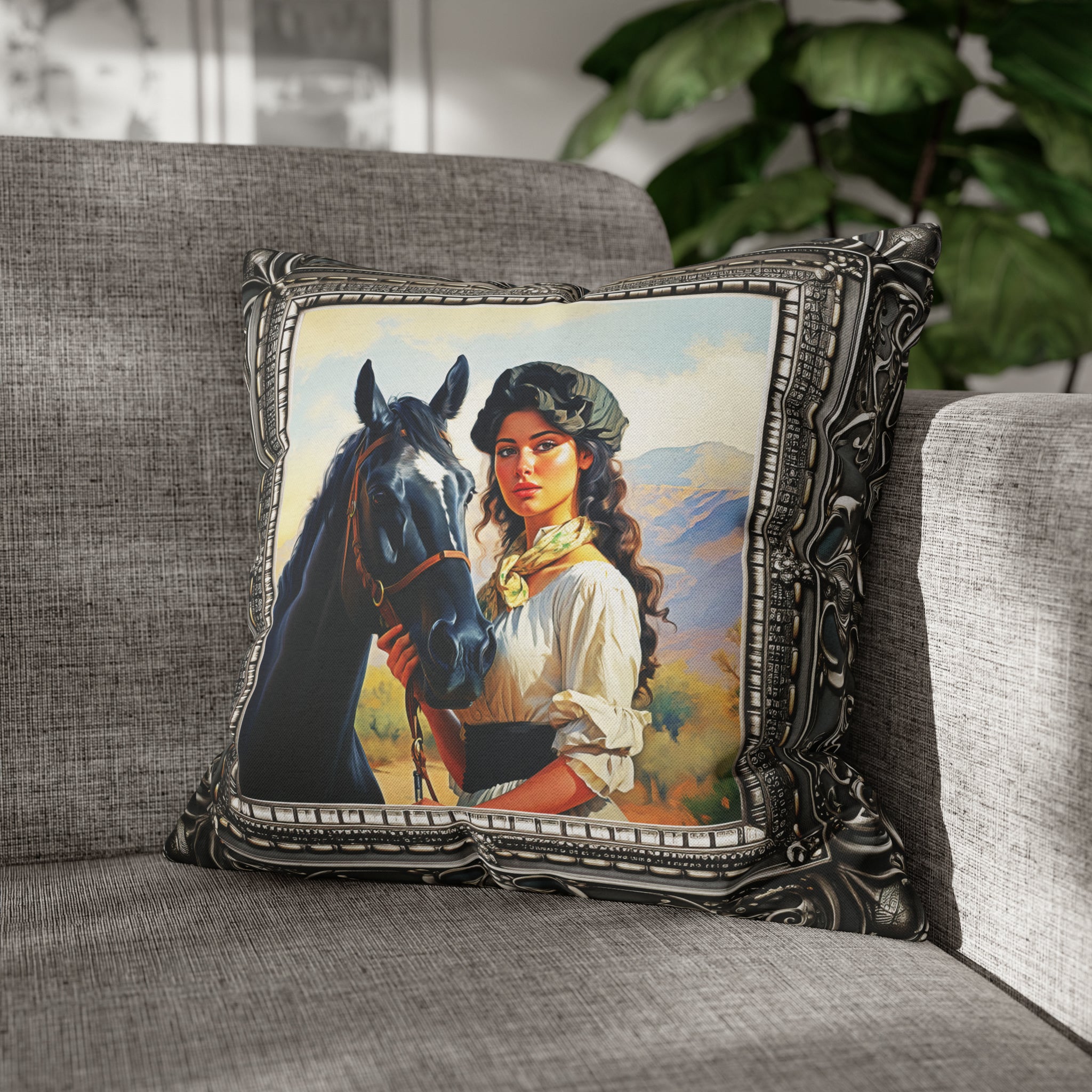 Square Pillow Case 18" x 18", CASE ONLY, no pillow form, original Art ,a Painting of a Tuscan Woman with Her Horse in the Countryside