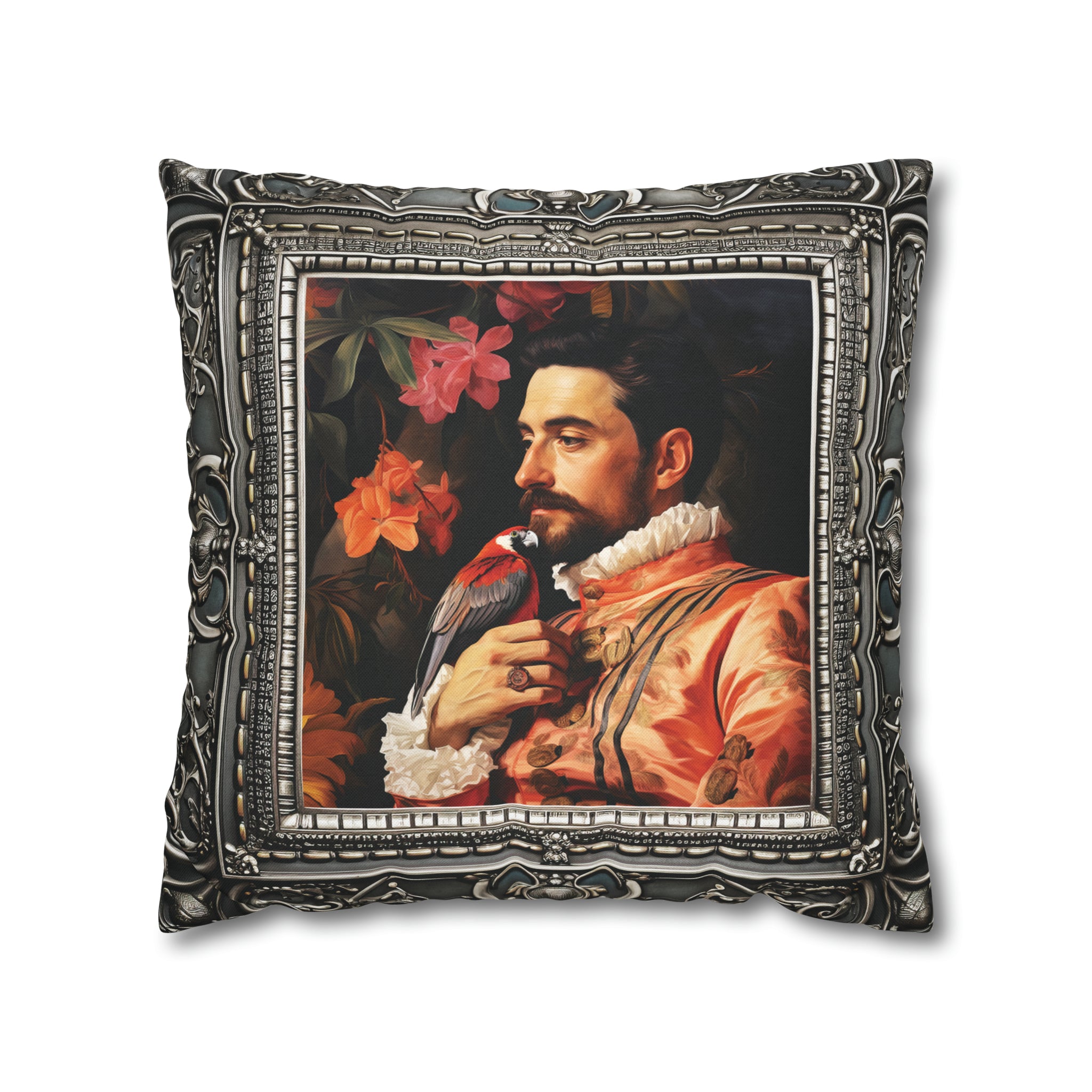 Square Pillow Case 18" x 18", CASE ONLY, no pillow form, original Art ,Colorful, a painting of an Italian Aristocrat and his Bird, Antique Frame