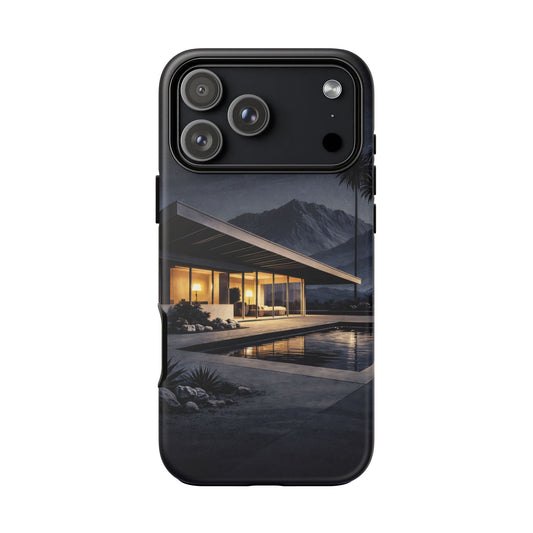 Modern Palm Springs House Phone Case — Mid-Century Poolside Evening Scene