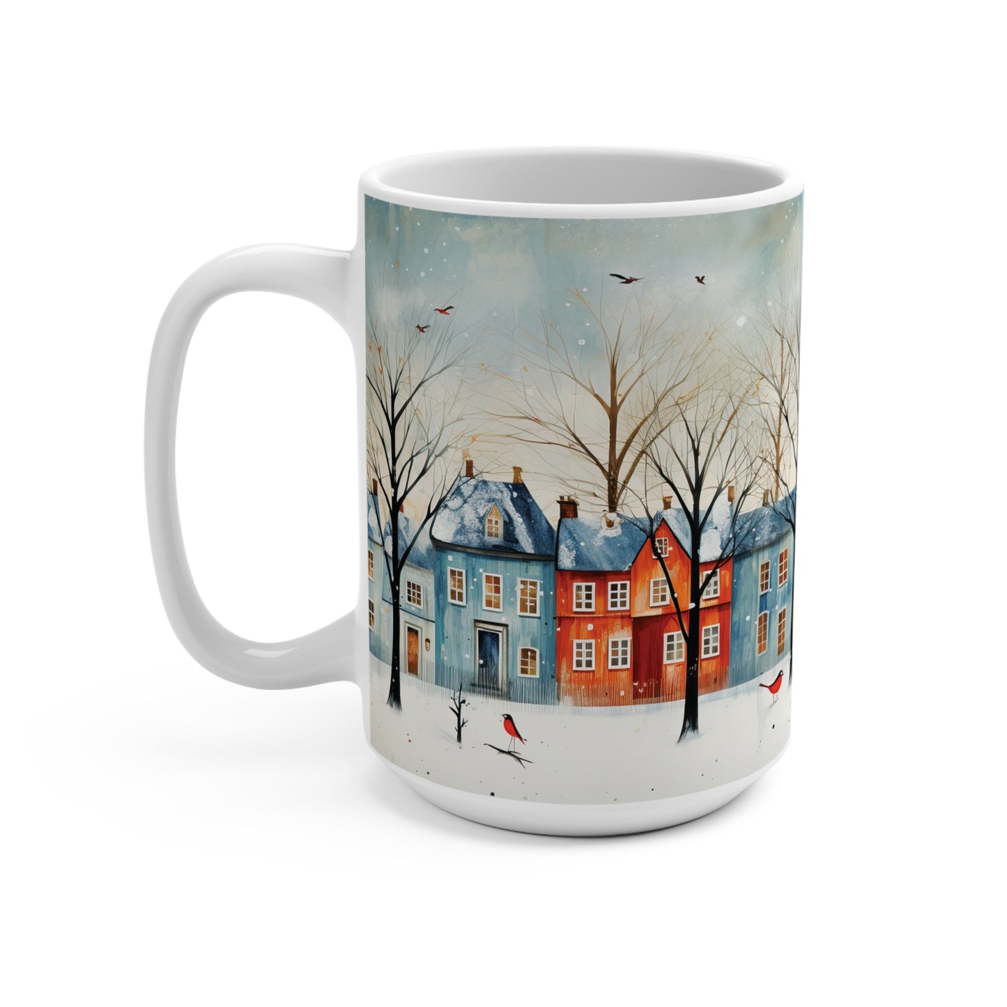 Row houses in Winter with birds Mug 15oz