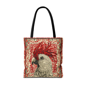 Canvas Tote Bag, vintage inspired exotic bird design in red, vibrant artistic accessory, whimsical all over print bag, three sizes