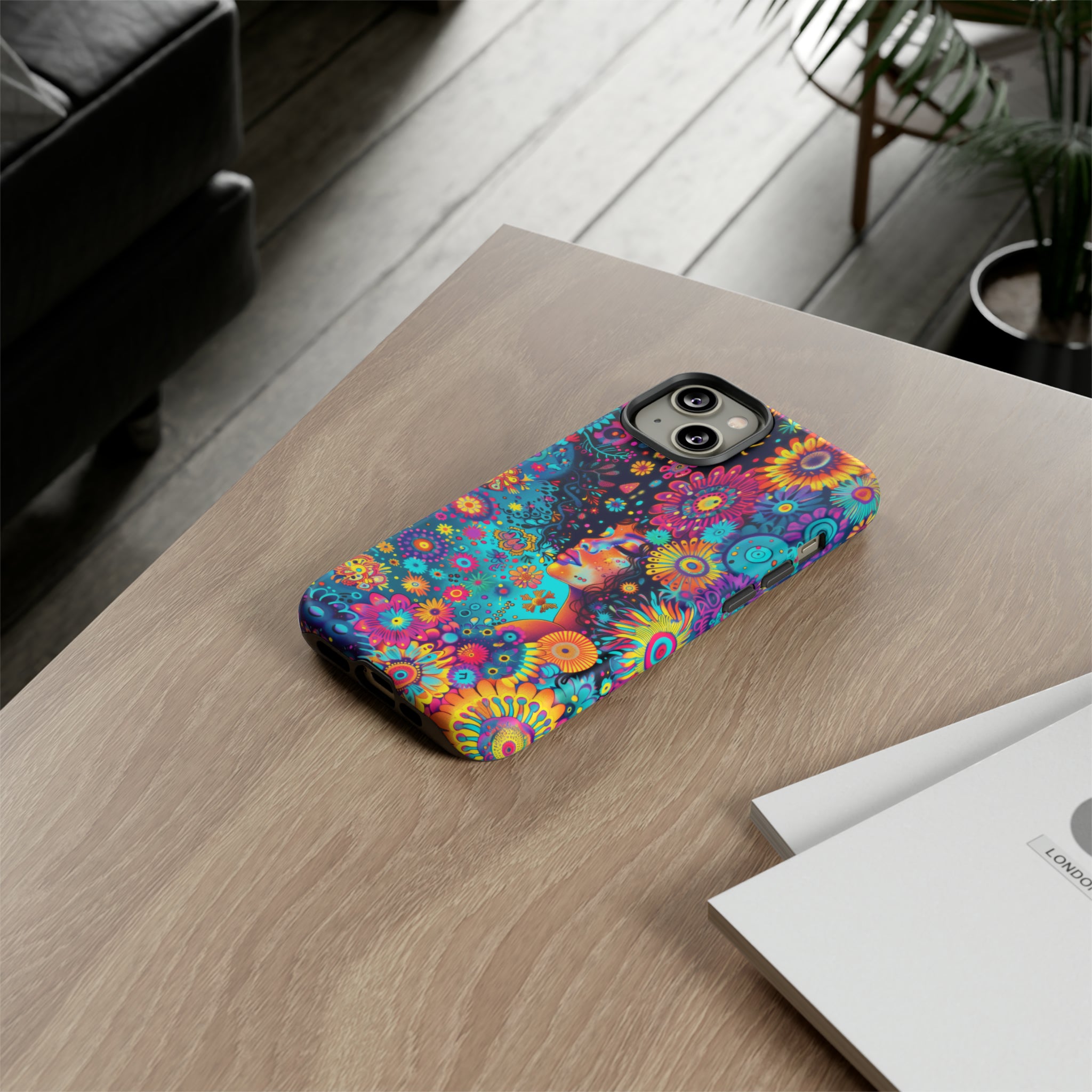 Phone Case, 1970's inspired flower girl, Artistic design, Tough Case, Colorful whimsical flower fantasy design, iPhone 15, 14, 13, 12, 11, Samsung, Pixel