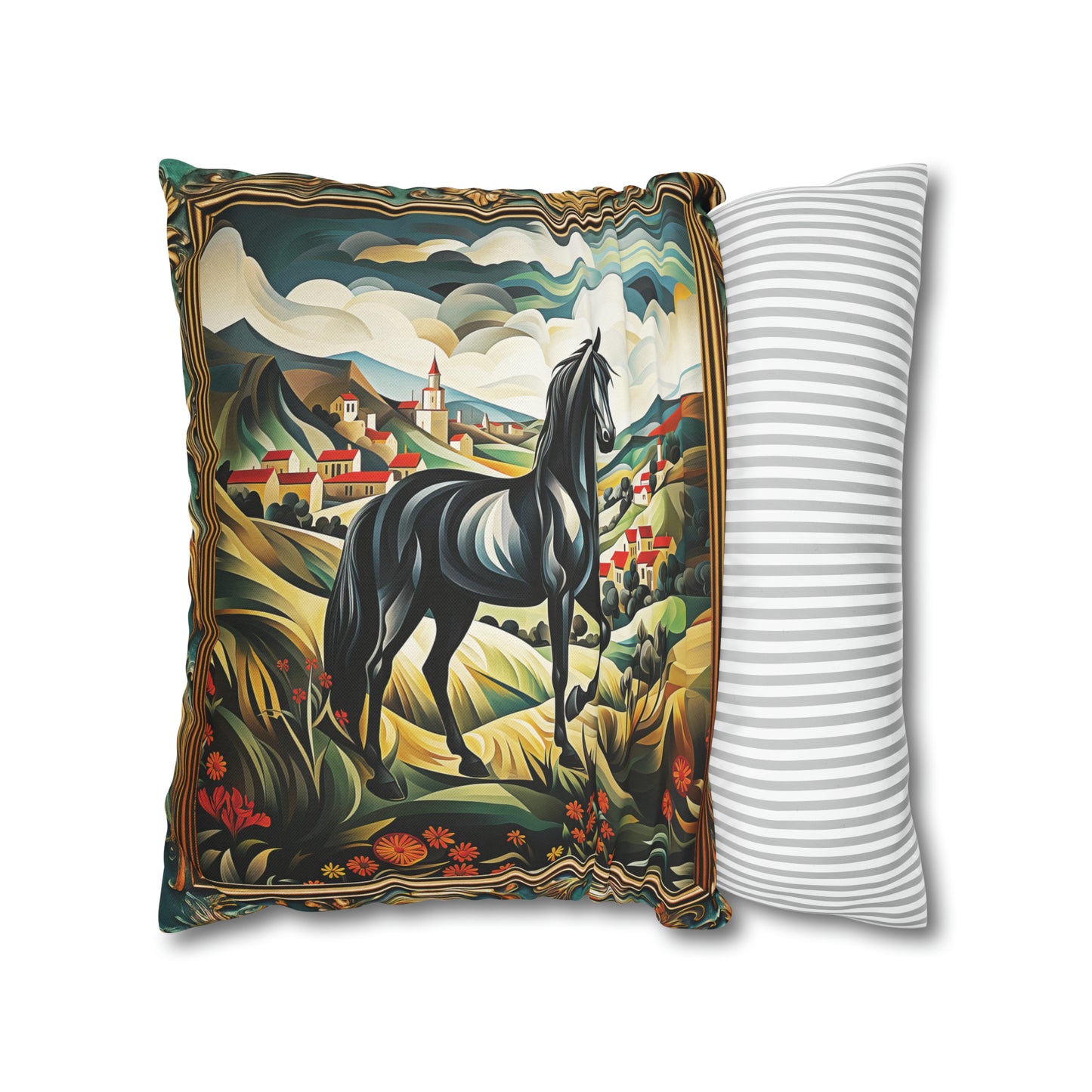 Square Pillow Case 18" x 18", CASE ONLY, no pillow form, original Art ,Colorful, Beautiful Black Stallion on a Spanish Landscape