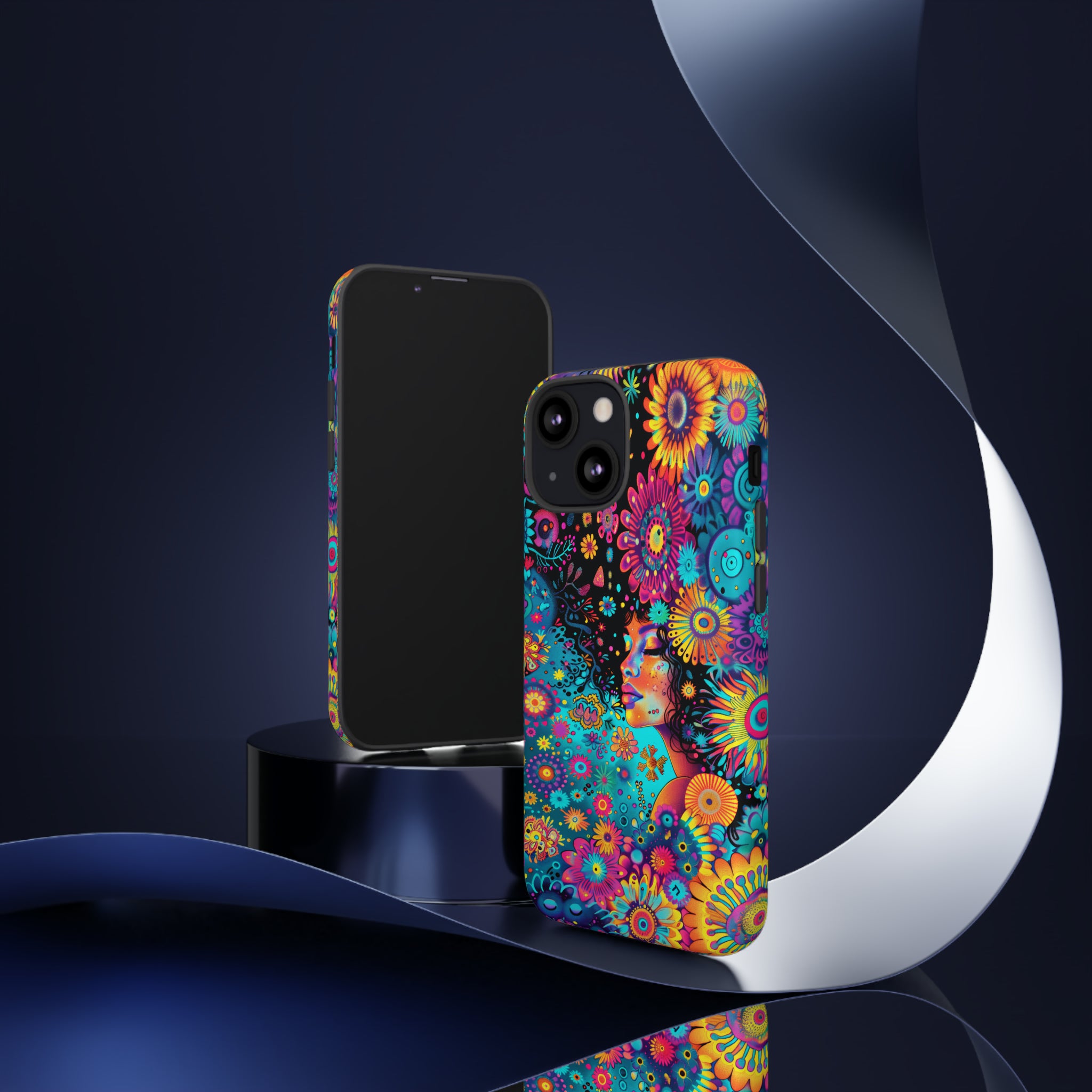 Phone Case, 1970's inspired flower girl, Artistic design, Tough Case, Colorful whimsical flower fantasy design, iPhone 15, 14, 13, 12, 11, Samsung, Pixel