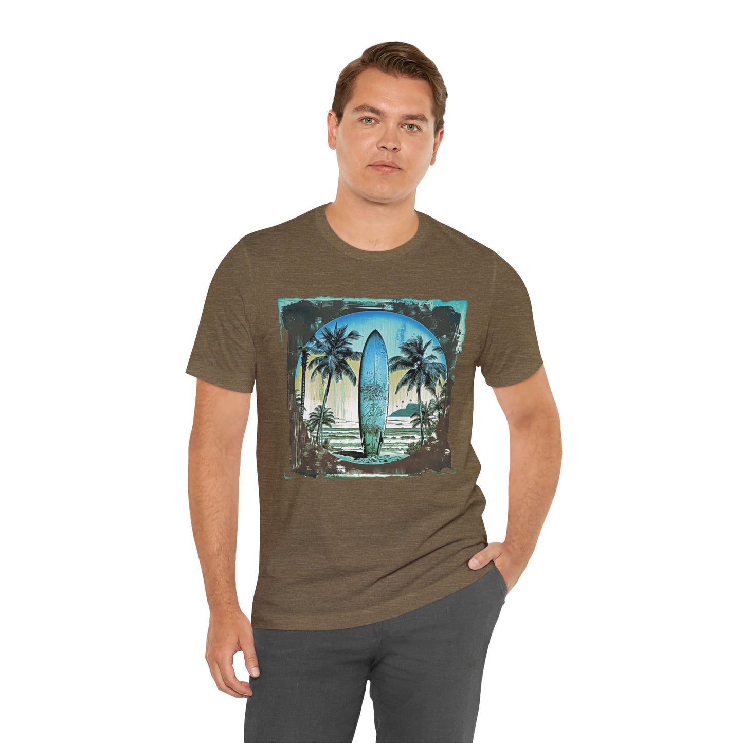 Blue board on the beach Unisex Jersey Short Sleeve Tee