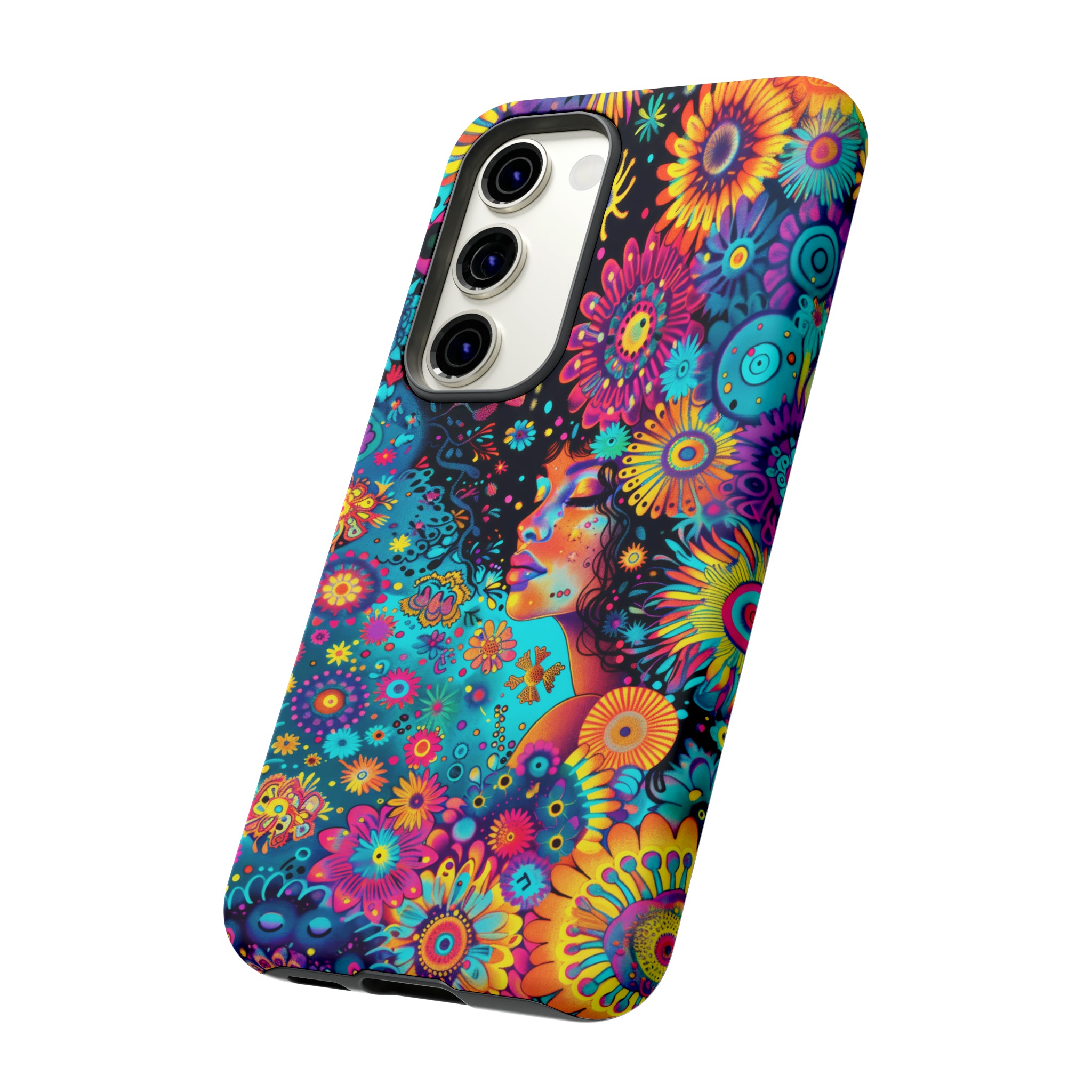 Phone Case, 1970's inspired flower girl, Artistic design, Tough Case, Colorful whimsical flower fantasy design, iPhone 15, 14, 13, 12, 11, Samsung, Pixel