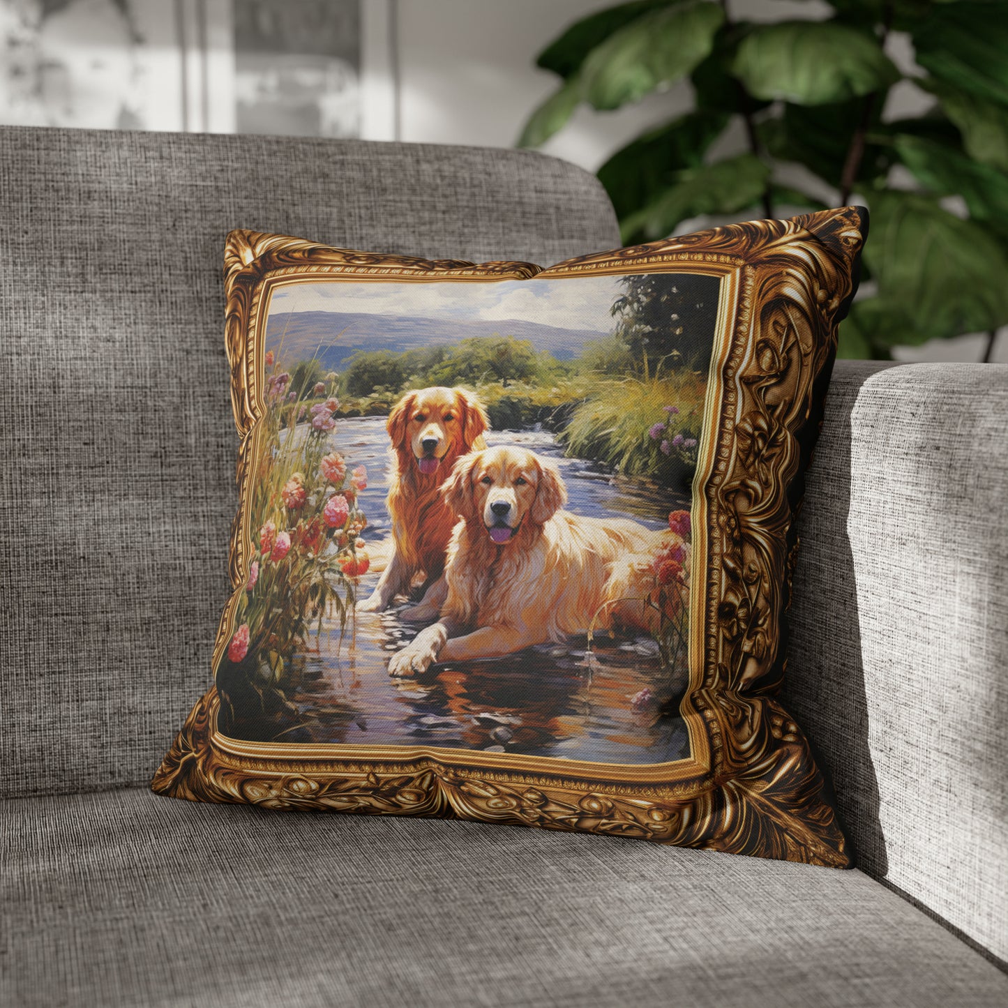 Square Pillow Case 18" x 18", CASE ONLY, no pillow form, original Art, A Portrait of a pair of Golden Retriever's in a stream