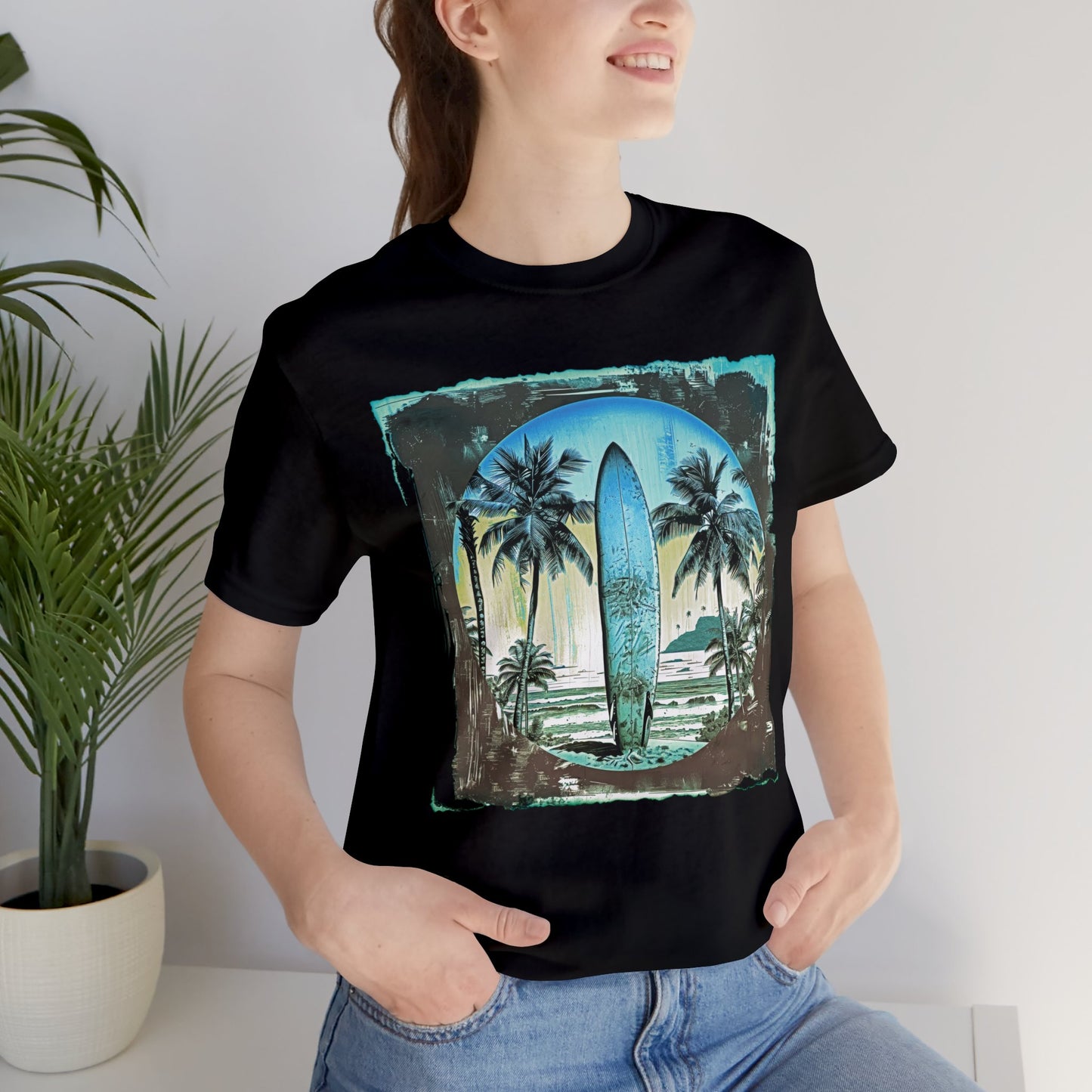 Blue board on the beach Unisex Jersey Short Sleeve Tee