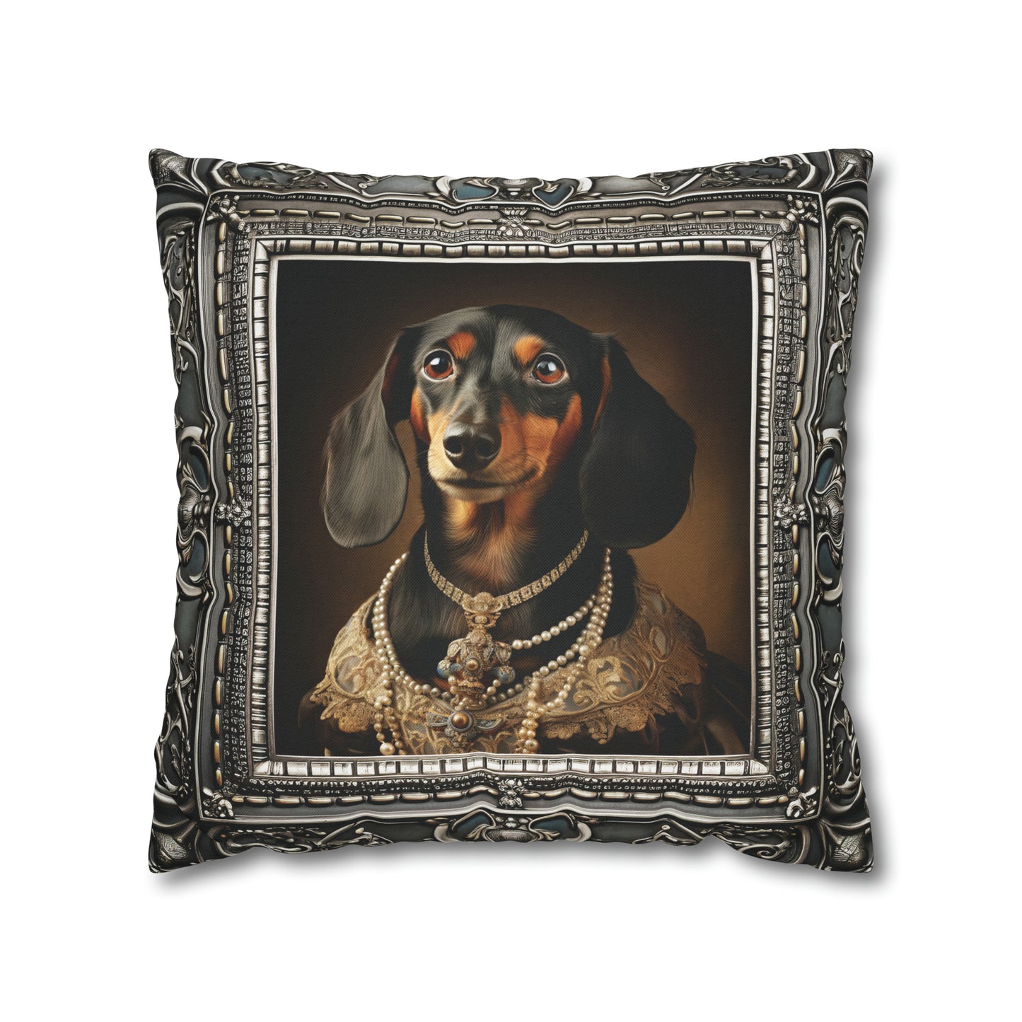 Square Pillow Case 18" x 18", CASE ONLY, no pillow form, original Art ,a Beautiful Painting of a Dachshund in a silver frame.