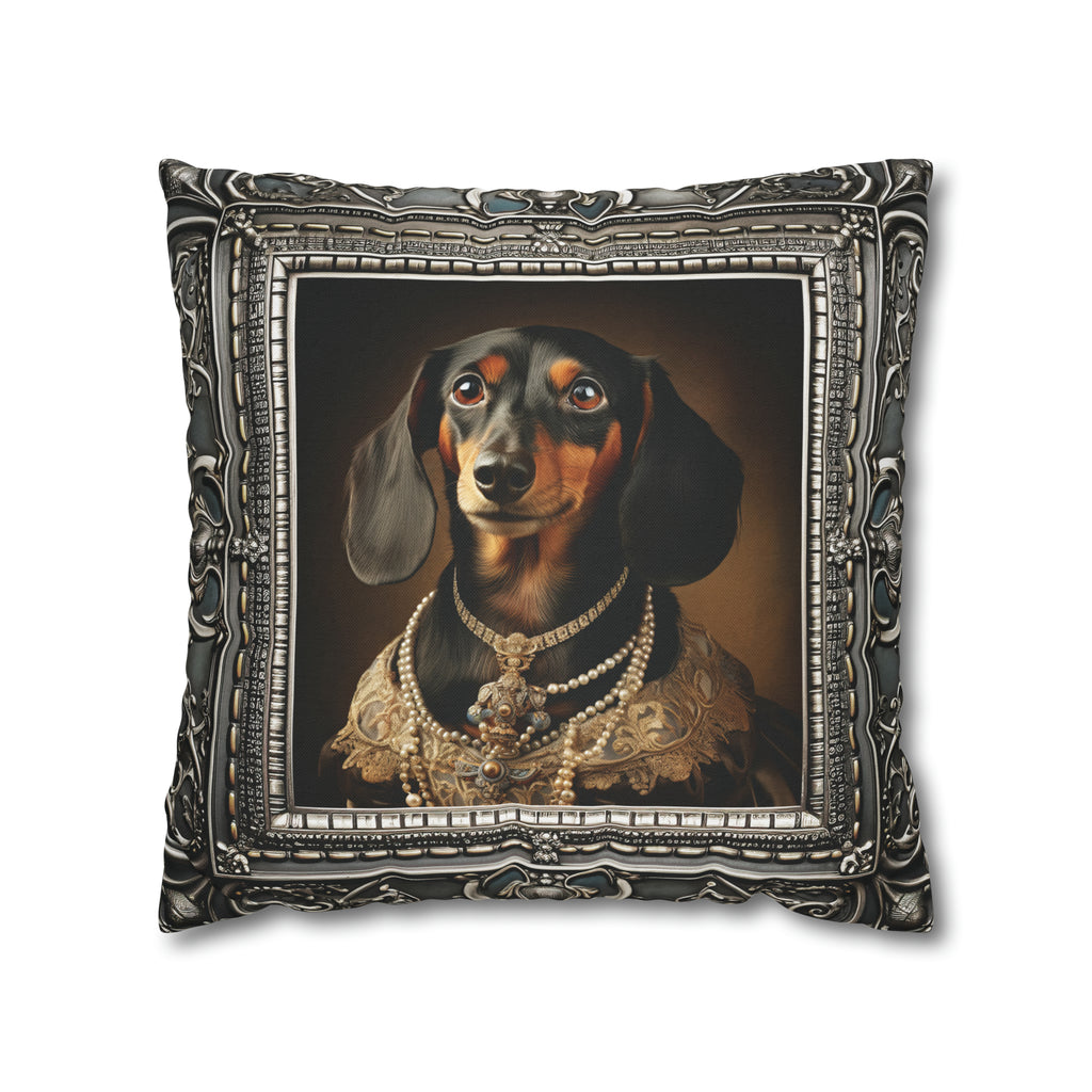 Square Pillow Case 18" x 18", CASE ONLY, no pillow form, original Art ,a Beautiful Painting of a Dachshund in a silver frame.
