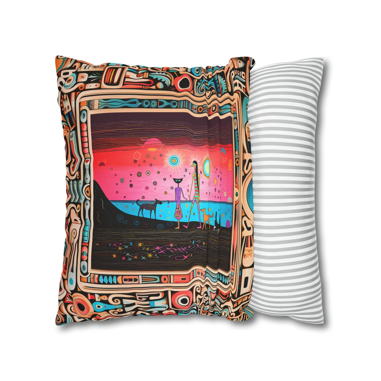 Square Pillow Case 18" x 18", CASE ONLY, no pillow form, original Pop Art Style, Walking on Black Sand Beach, in a Frame