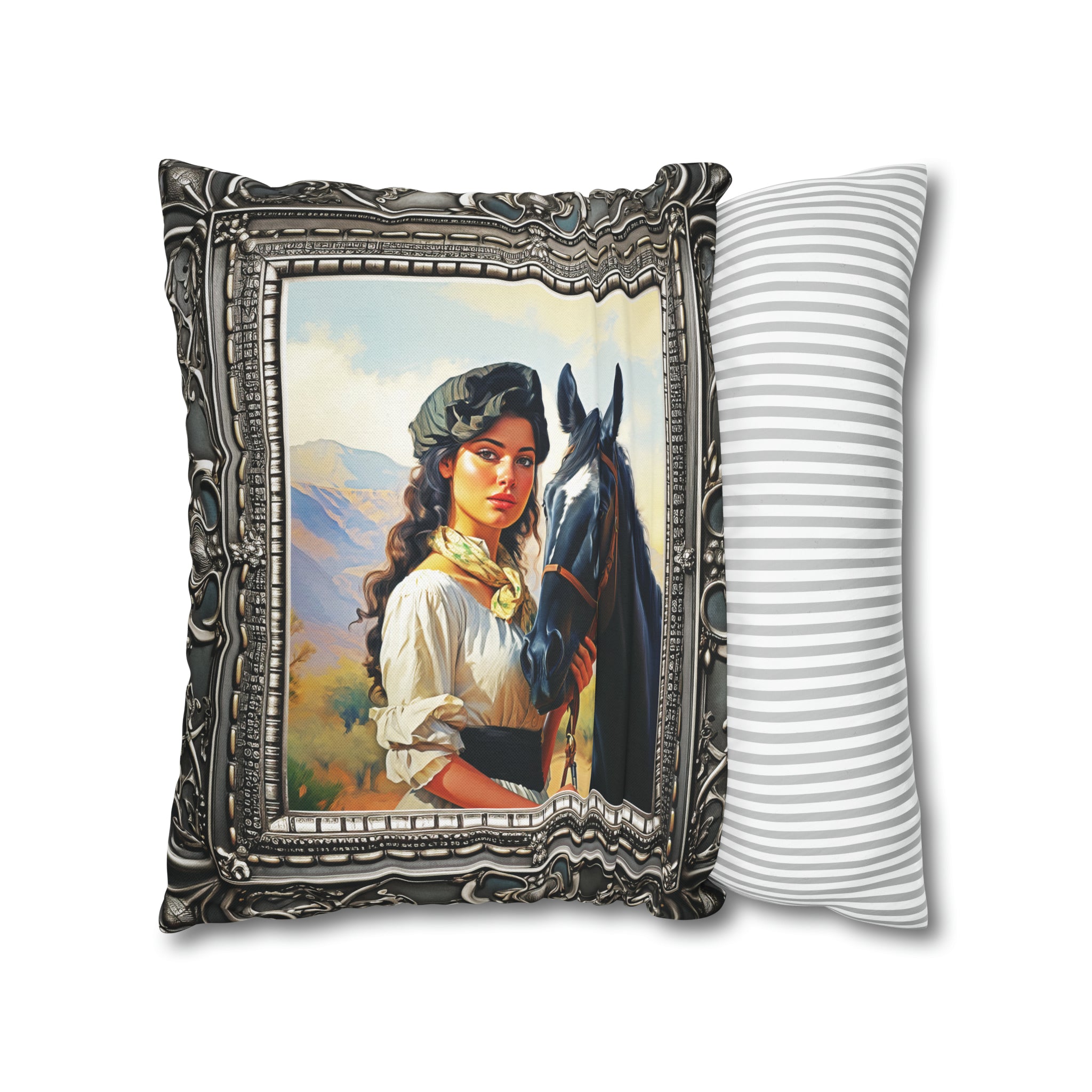 Square Pillow Case 18" x 18", CASE ONLY, no pillow form, original Art ,a Painting of a Tuscan Woman with Her Horse in the Countryside