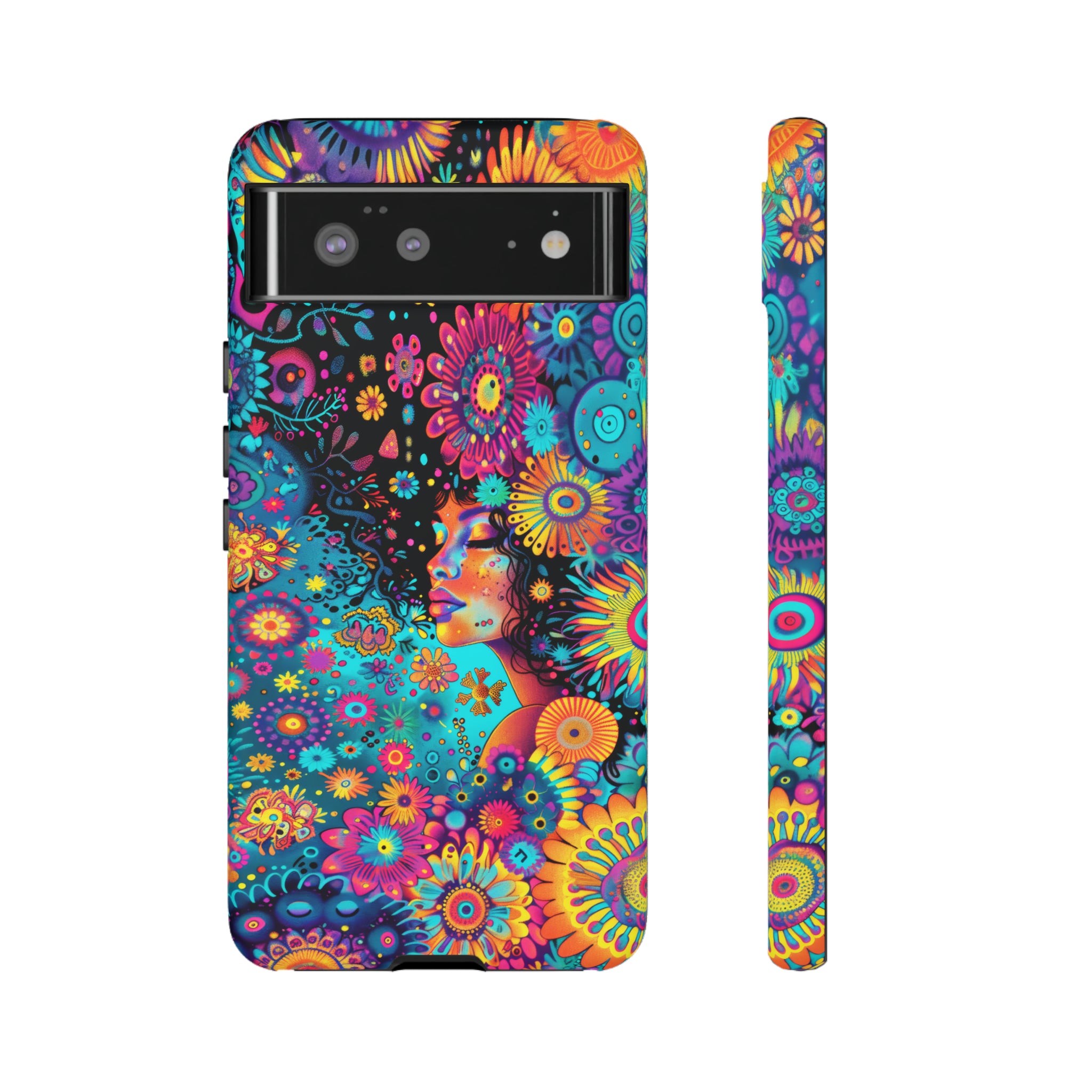 Phone Case, 1970's inspired flower girl, Artistic design, Tough Case, Colorful whimsical flower fantasy design, iPhone 15, 14, 13, 12, 11, Samsung, Pixel