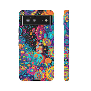Phone Case, 1970's inspired flower girl, Artistic design, Tough Case, Colorful whimsical flower fantasy design, iPhone 15, 14, 13, 12, 11, Samsung, Pixel
