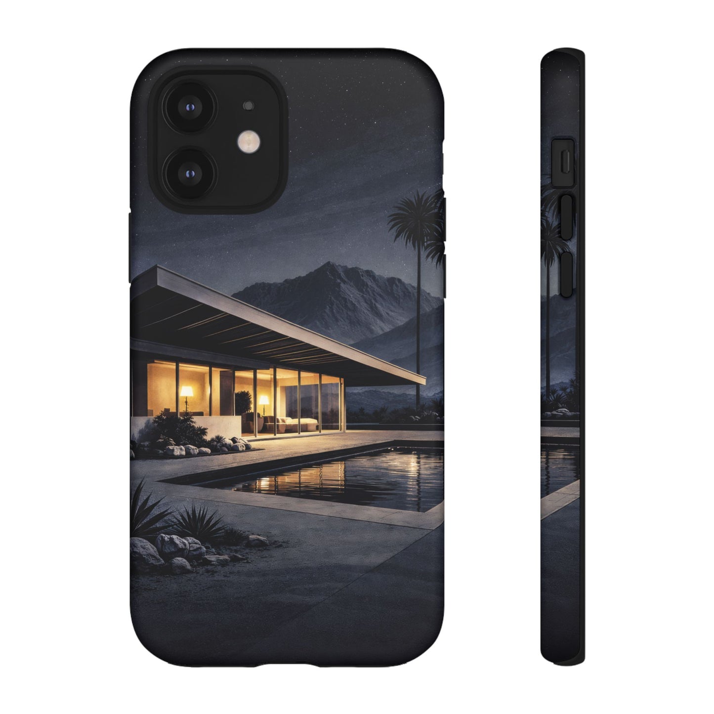 Modern Palm Springs House Phone Case — Mid-Century Poolside Evening Scene