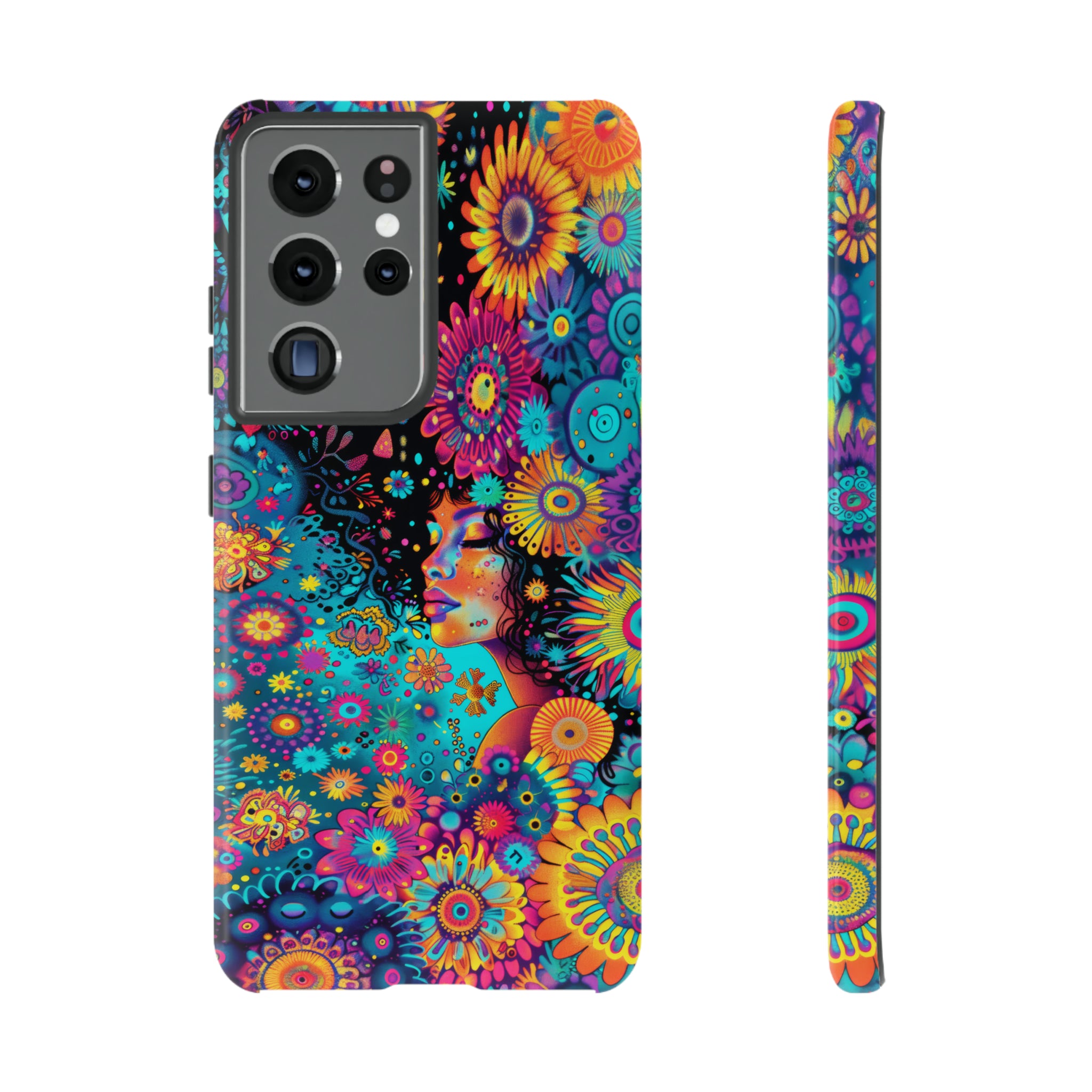 Phone Case, 1970's inspired flower girl, Artistic design, Tough Case, Colorful whimsical flower fantasy design, iPhone 15, 14, 13, 12, 11, Samsung, Pixel