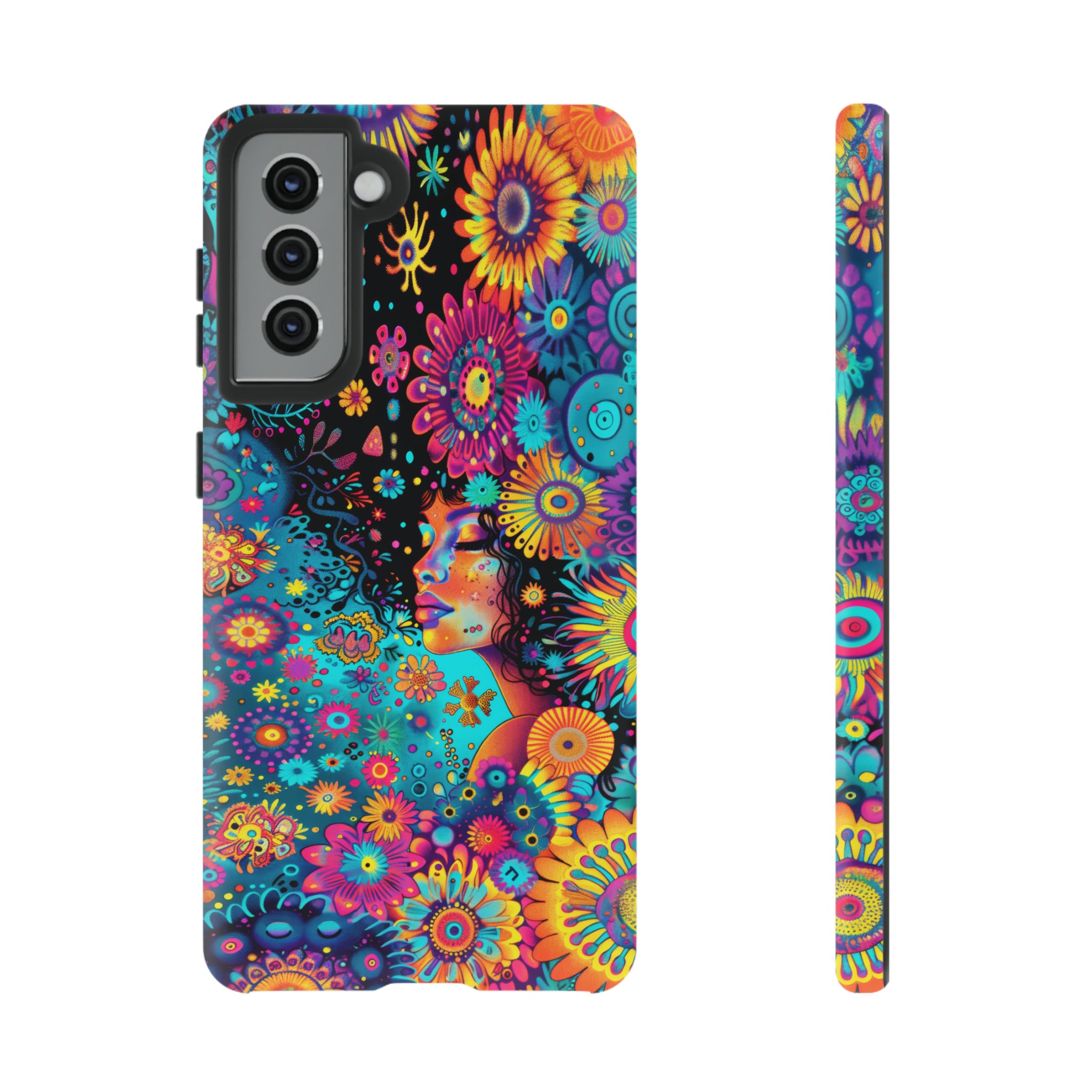 Phone Case, 1970's inspired flower girl, Artistic design, Tough Case, Colorful whimsical flower fantasy design, iPhone 15, 14, 13, 12, 11, Samsung, Pixel