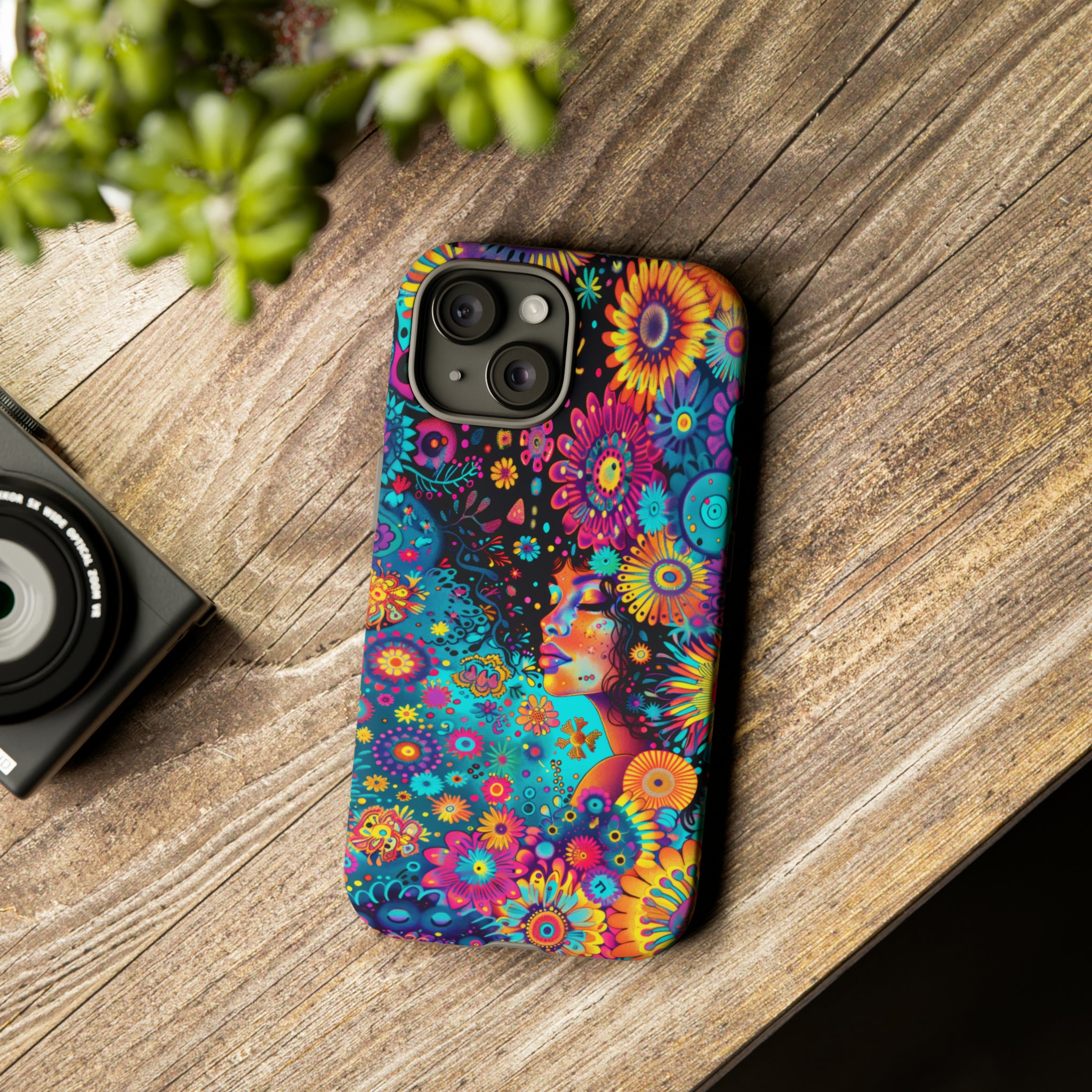 Phone Case, 1970's inspired flower girl, Artistic design, Tough Case, Colorful whimsical flower fantasy design, iPhone 15, 14, 13, 12, 11, Samsung, Pixel