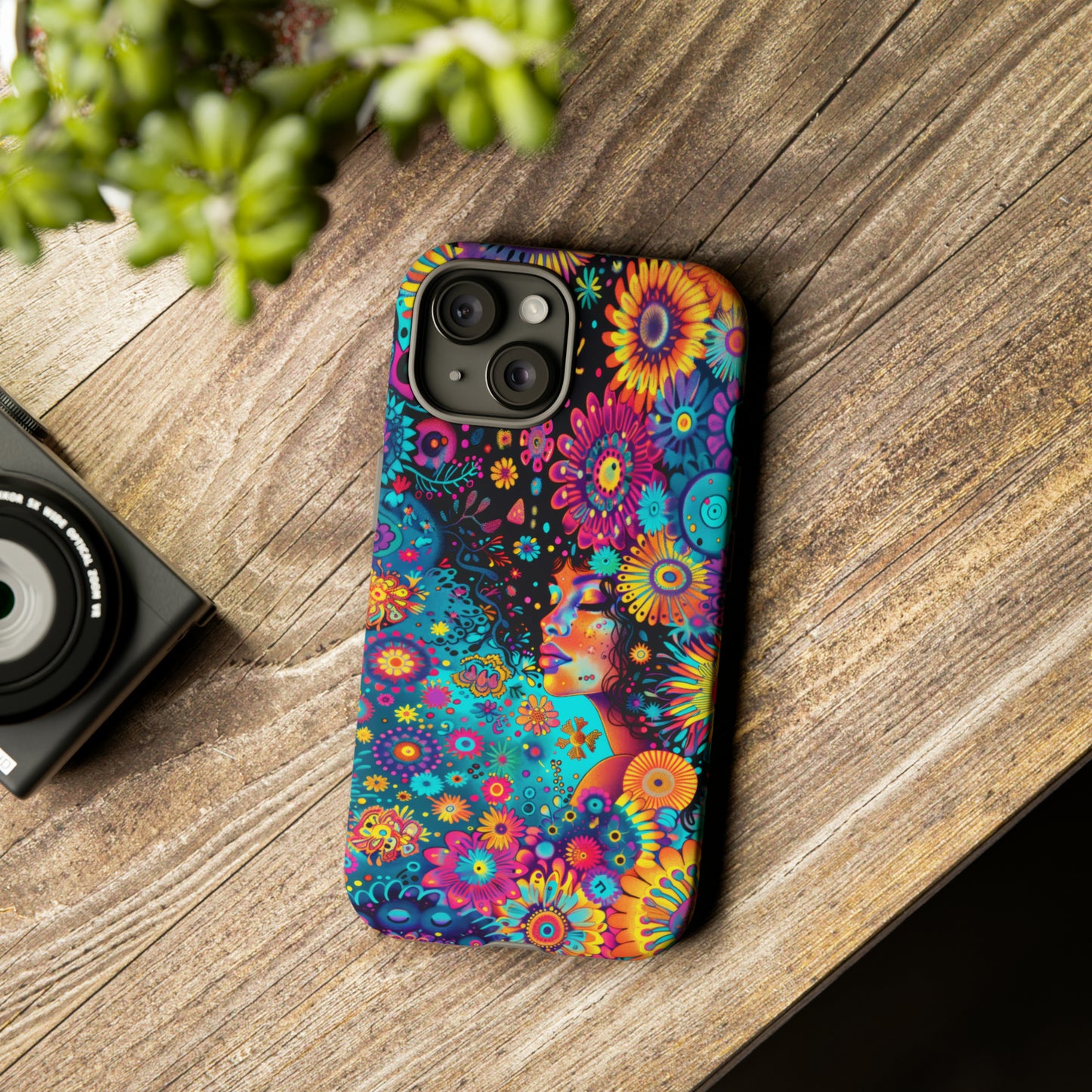 Phone Case, 1970's inspired flower girl, Artistic design, Tough Case, Colorful whimsical flower fantasy design, iPhone 15, 14, 13, 12, 11, Samsung, Pixel