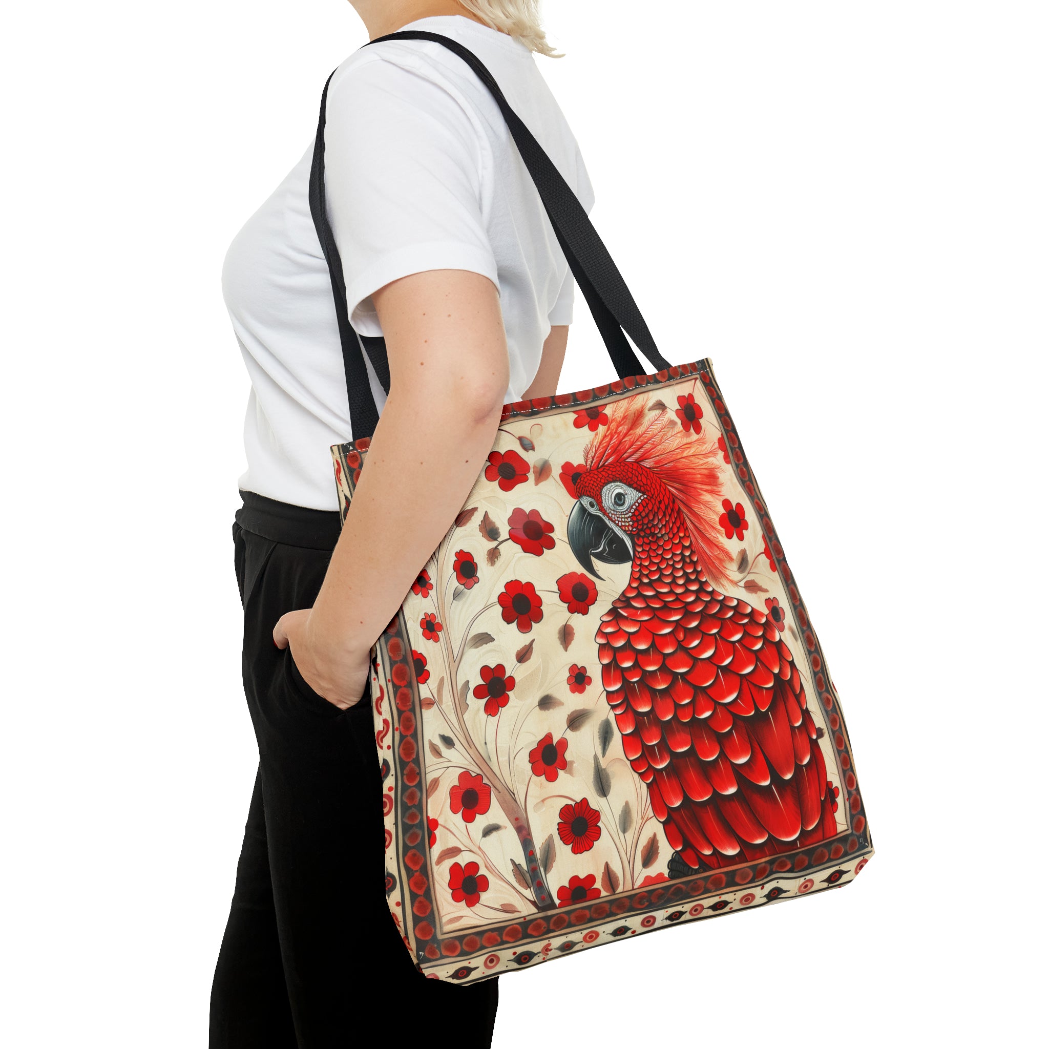 CanvasTote Bag, vintage inspired red parrot design, whimsical colorful bird printed bag, accessory tote , three sizes, all over print