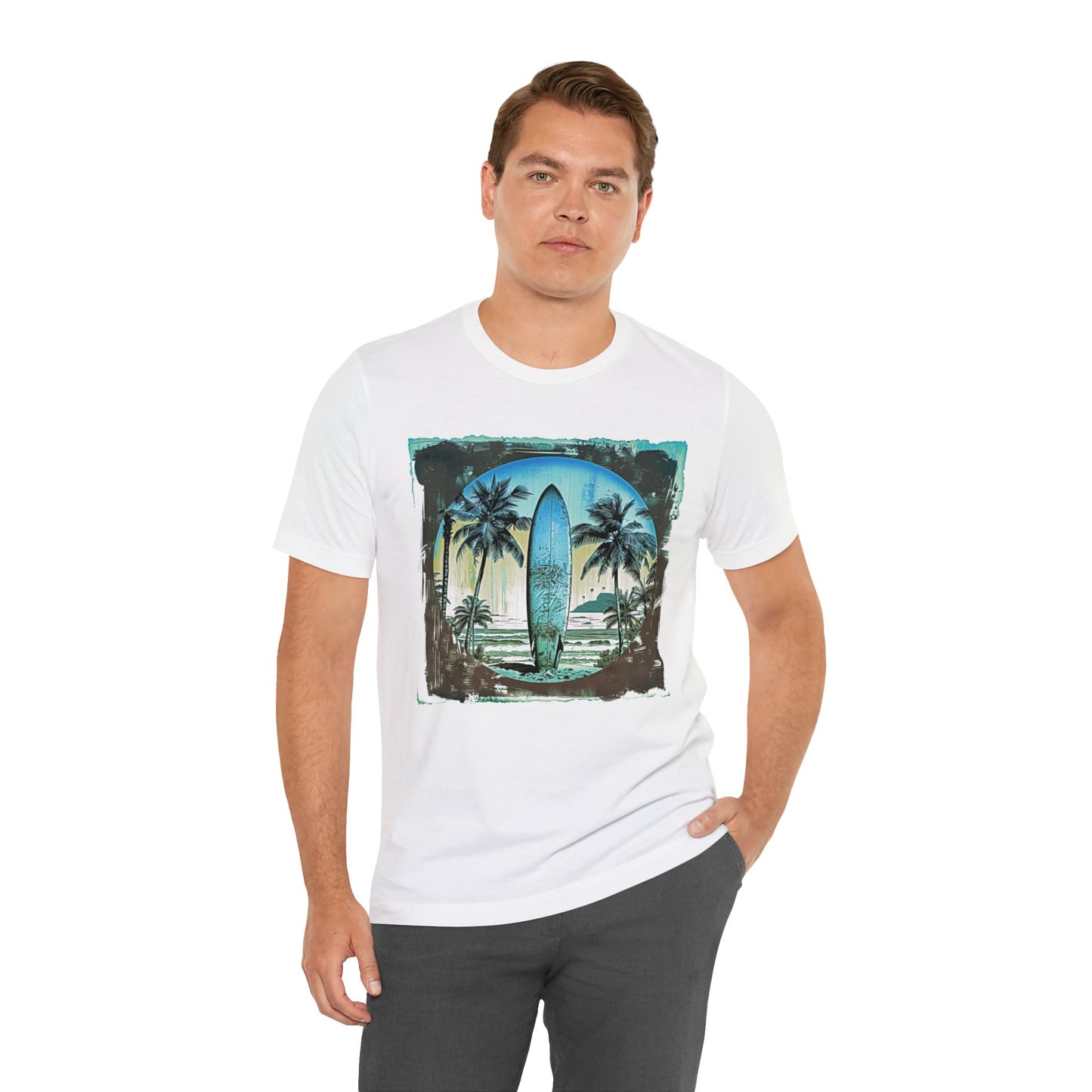 Blue board on the beach Unisex Jersey Short Sleeve Tee