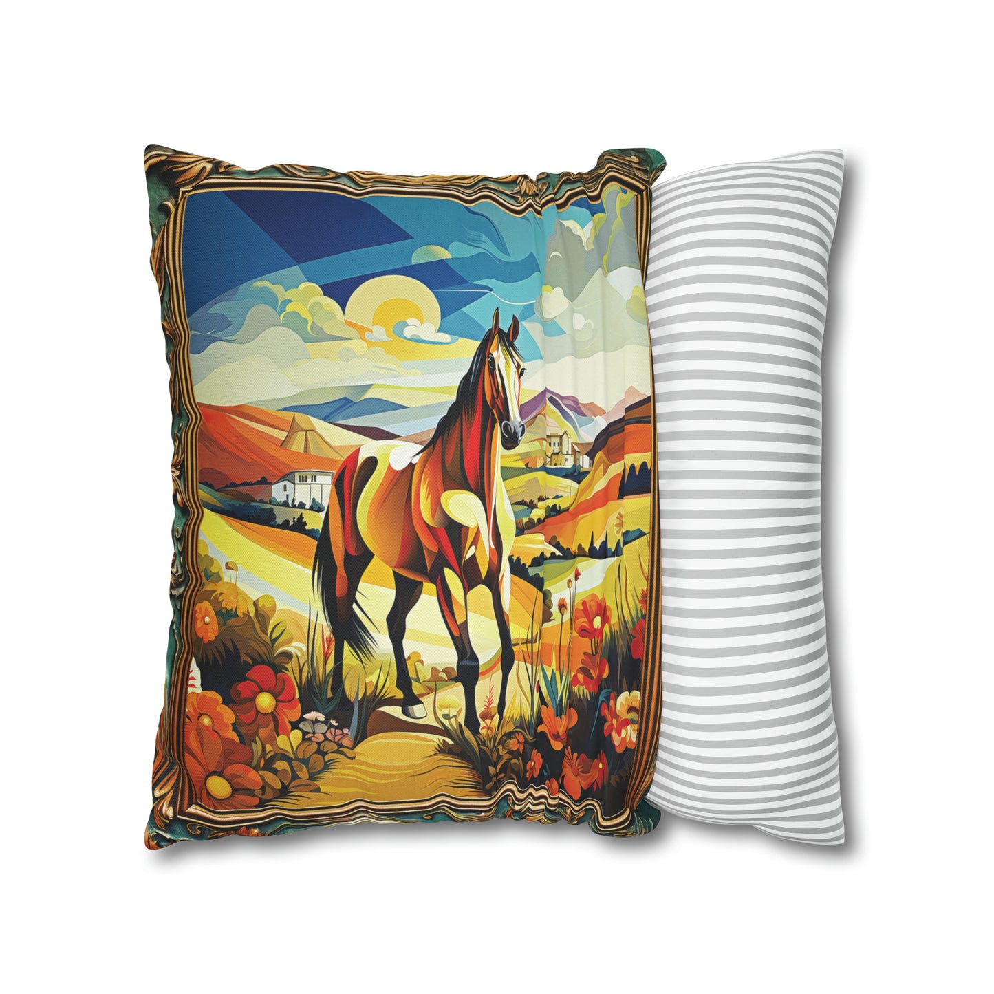 Square Pillow Case 18" x 18", CASE ONLY, no pillow form, original Art ,Colorful, A beautiful Golden Horse on a Golden Landscape with a Village in the Distance