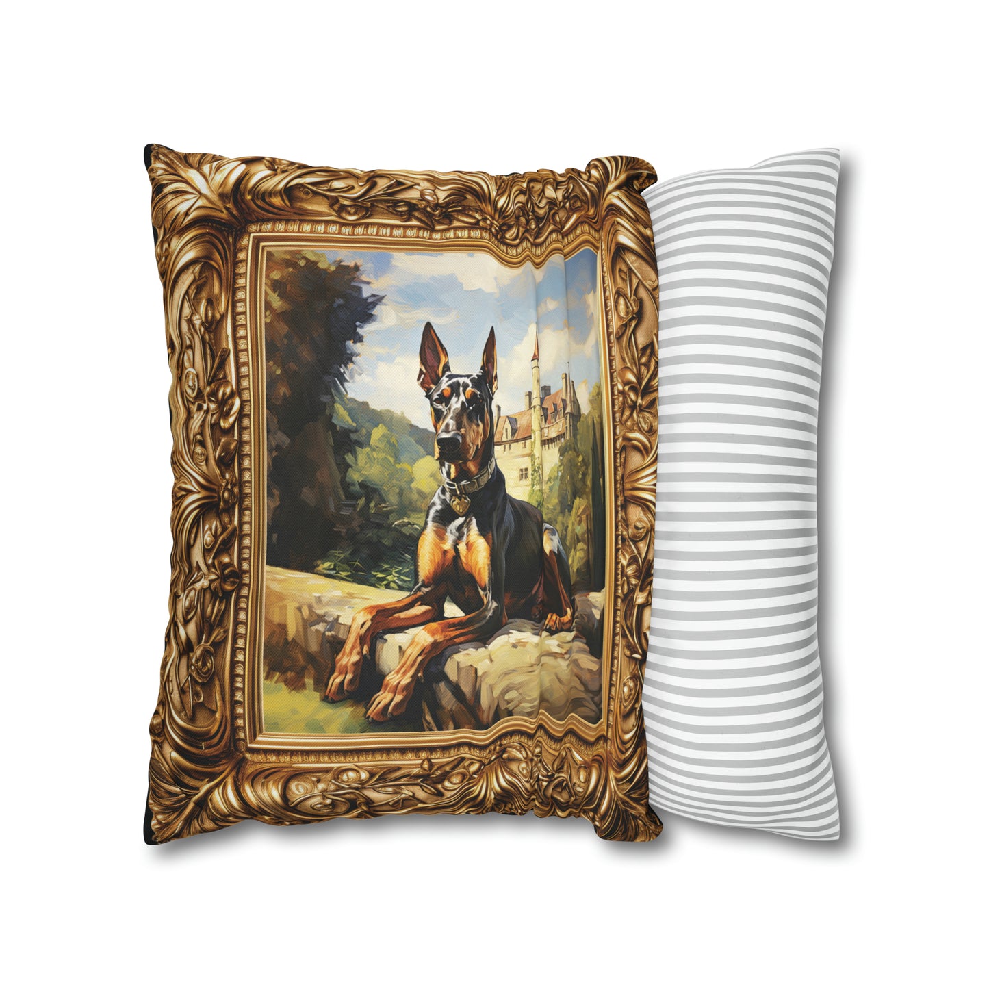 Square Pillow Case 18" x 18", CASE ONLY, no pillow form, original Art ,a Beautiful Painting of a Doberman in the English countryside.