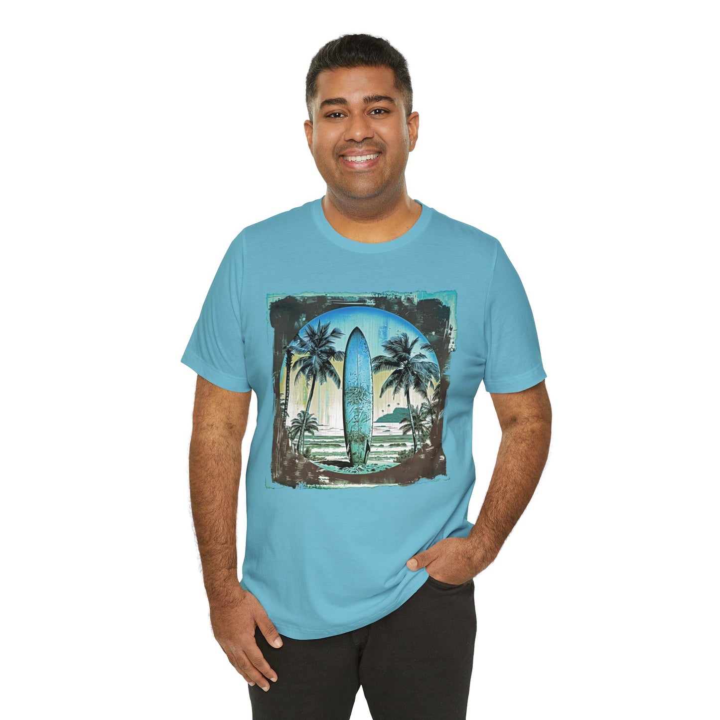Blue board on the beach Unisex Jersey Short Sleeve Tee