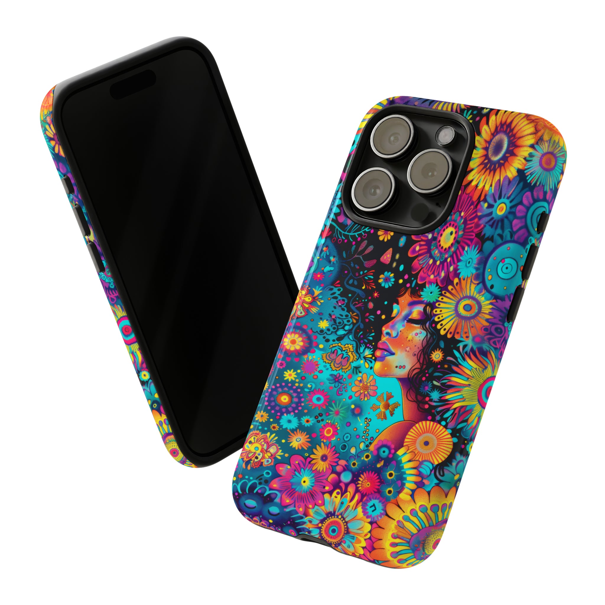 Phone Case, 1970's inspired flower girl, Artistic design, Tough Case, Colorful whimsical flower fantasy design, iPhone 15, 14, 13, 12, 11, Samsung, Pixel