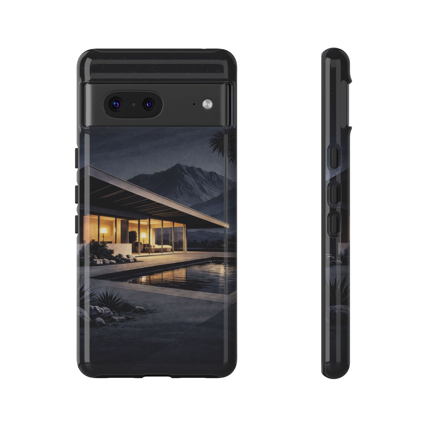 Modern Palm Springs House Phone Case — Mid-Century Poolside Evening Scene