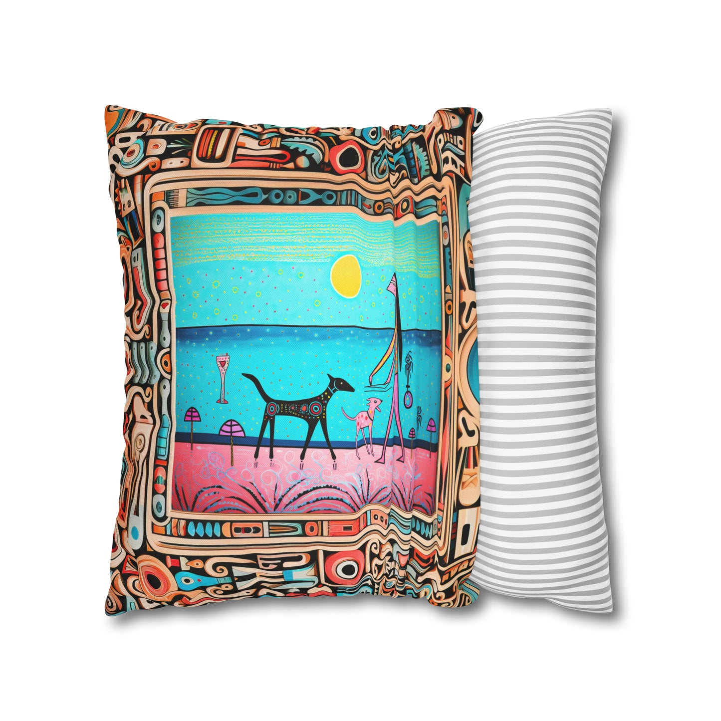 Square Pillow Case 18" x 18", CASE ONLY, no pillow form, original Pop Art Style, Alien Walking Her Dog on Mars, in a Frame
