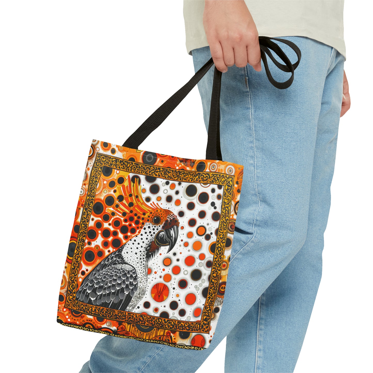 Canvas Tote Bag, Mod inspired orange bird design, vibrant artistic accessory, whimsical all over print bag in three sizes with cockatoo design