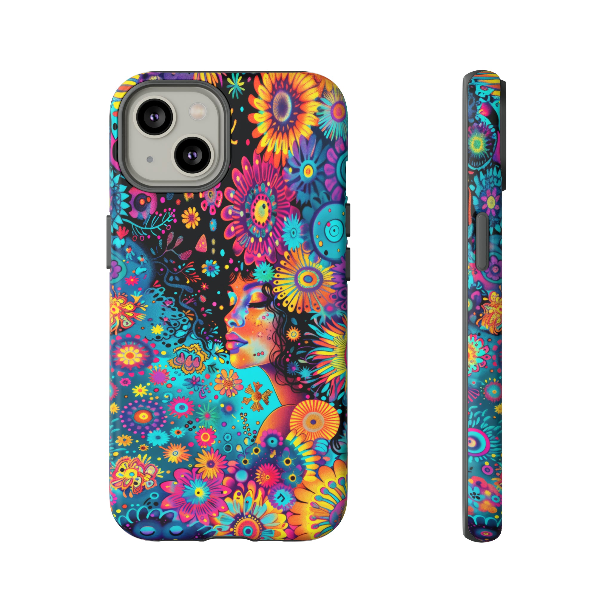 Phone Case, 1970's inspired flower girl, Artistic design, Tough Case, Colorful whimsical flower fantasy design, iPhone 15, 14, 13, 12, 11, Samsung, Pixel