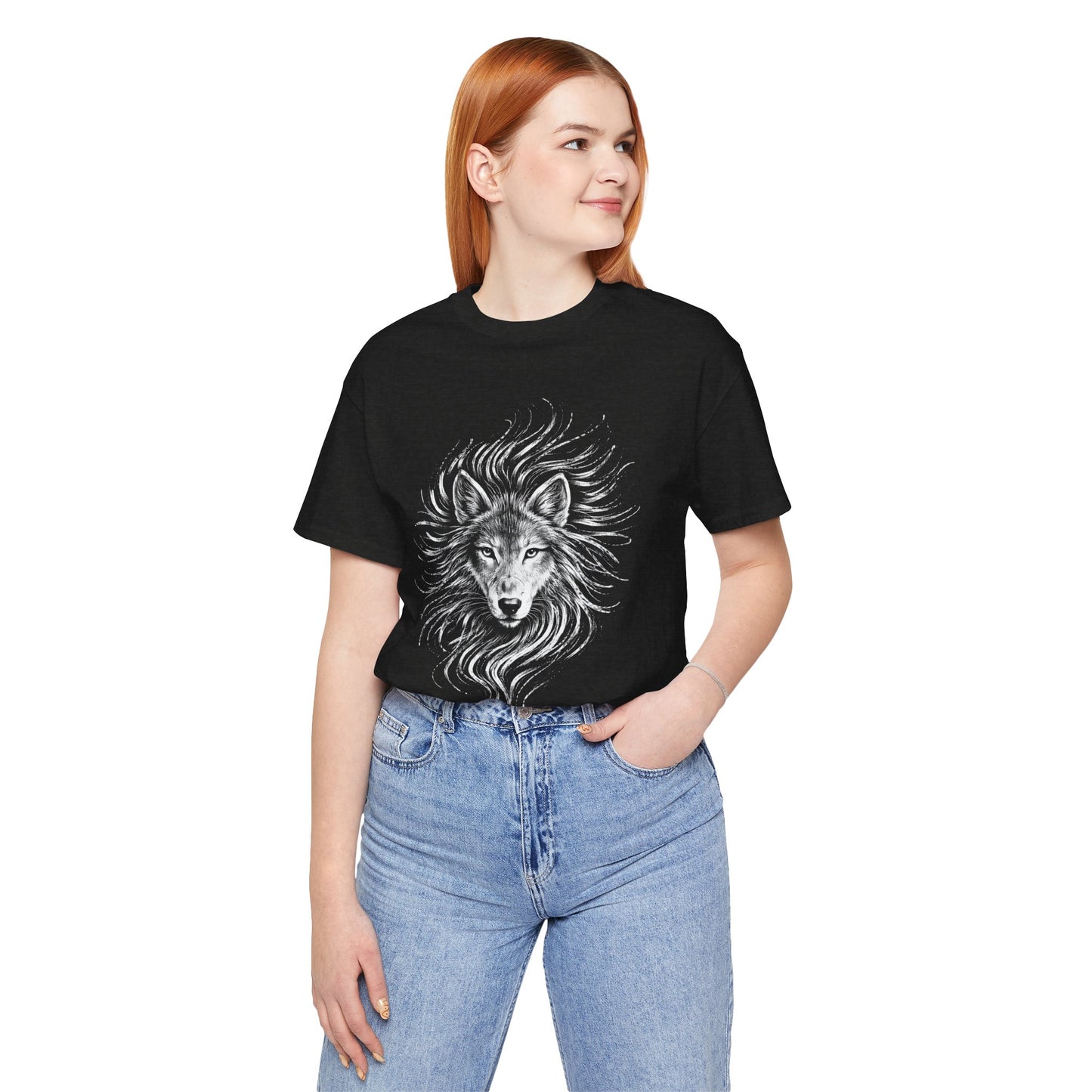 Wolf drawn Portrait T‑Shirt in chalk style — Detailed White Wolf Graphic Tee for Men & Women