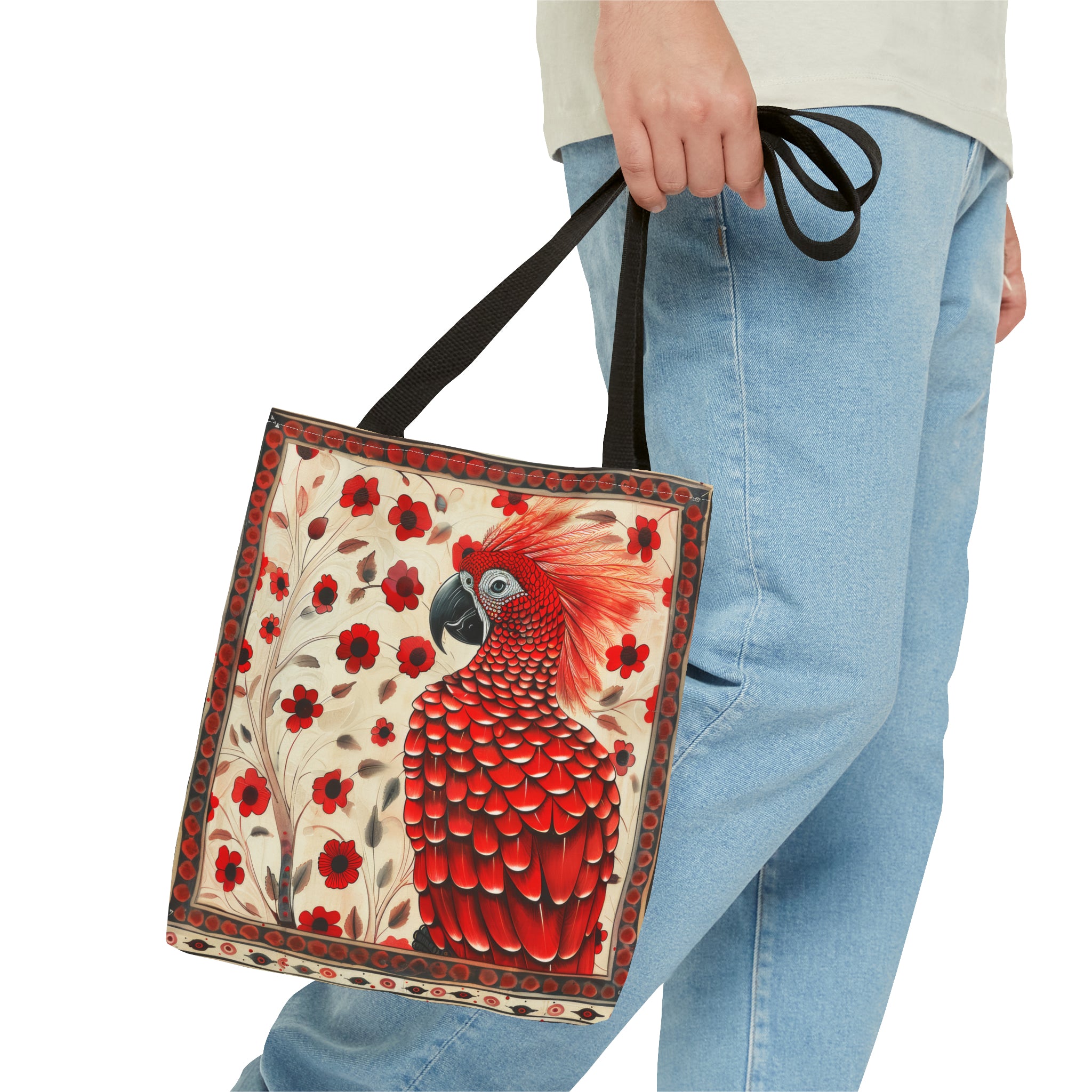 CanvasTote Bag, vintage inspired red parrot design, whimsical colorful bird printed bag, accessory tote , three sizes, all over print