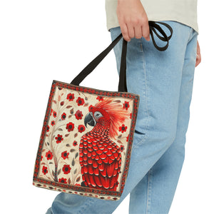 CanvasTote Bag, vintage inspired red parrot design, whimsical colorful bird printed bag, accessory tote , three sizes, all over print