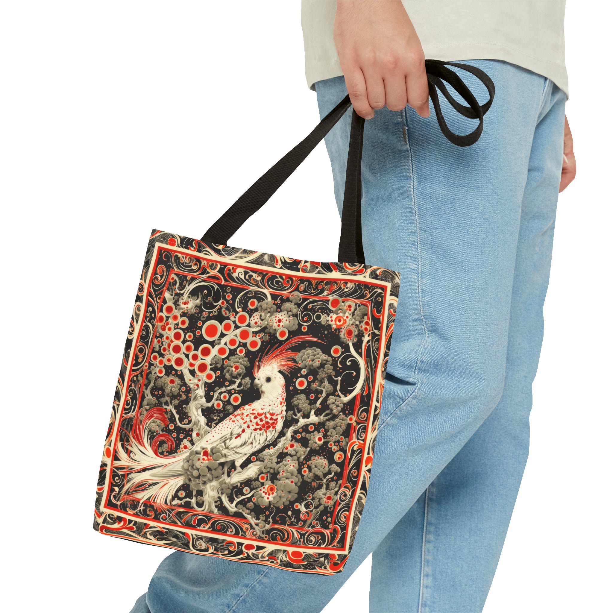 Canvas Tote Bag, vintage inspired bird design, vibrant artistic accessory, whimsical all over print bag in three sizes, cockatiel design