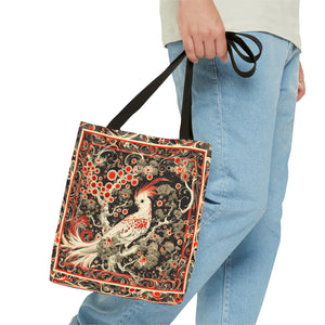 Canvas Tote Bag, vintage inspired bird design, vibrant artistic accessory, whimsical all over print bag in three sizes, cockatiel design