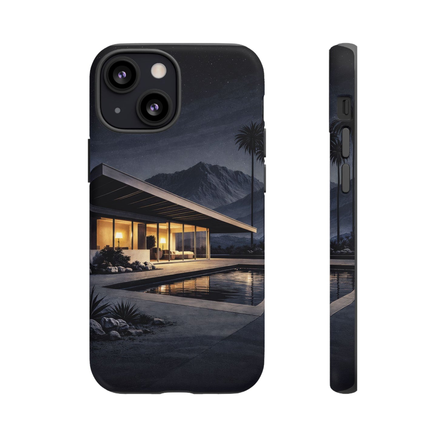 Modern Palm Springs House Phone Case — Mid-Century Poolside Evening Scene