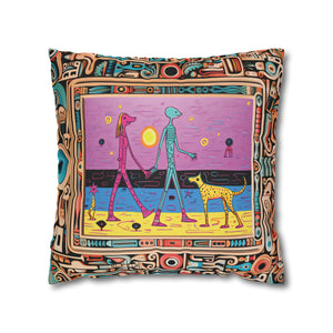 Square Pillow Case 18" x 18", CASE ONLY, no pillow form, original Pop Art Style, Alien Couple Walk their Dogs on the Beach in a Frame